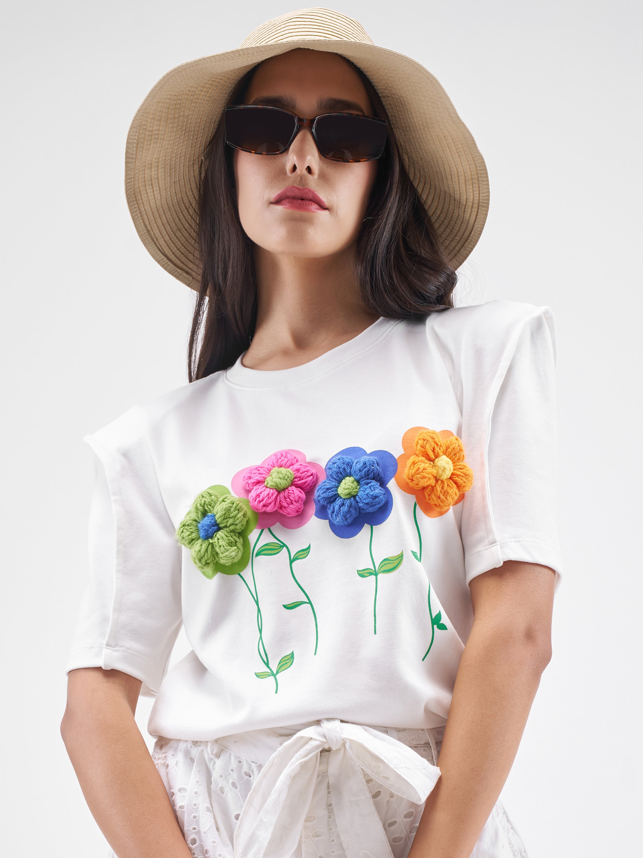 Tokyo Talkies Women White Applique Round Neck T-Shirt - White - Image 1