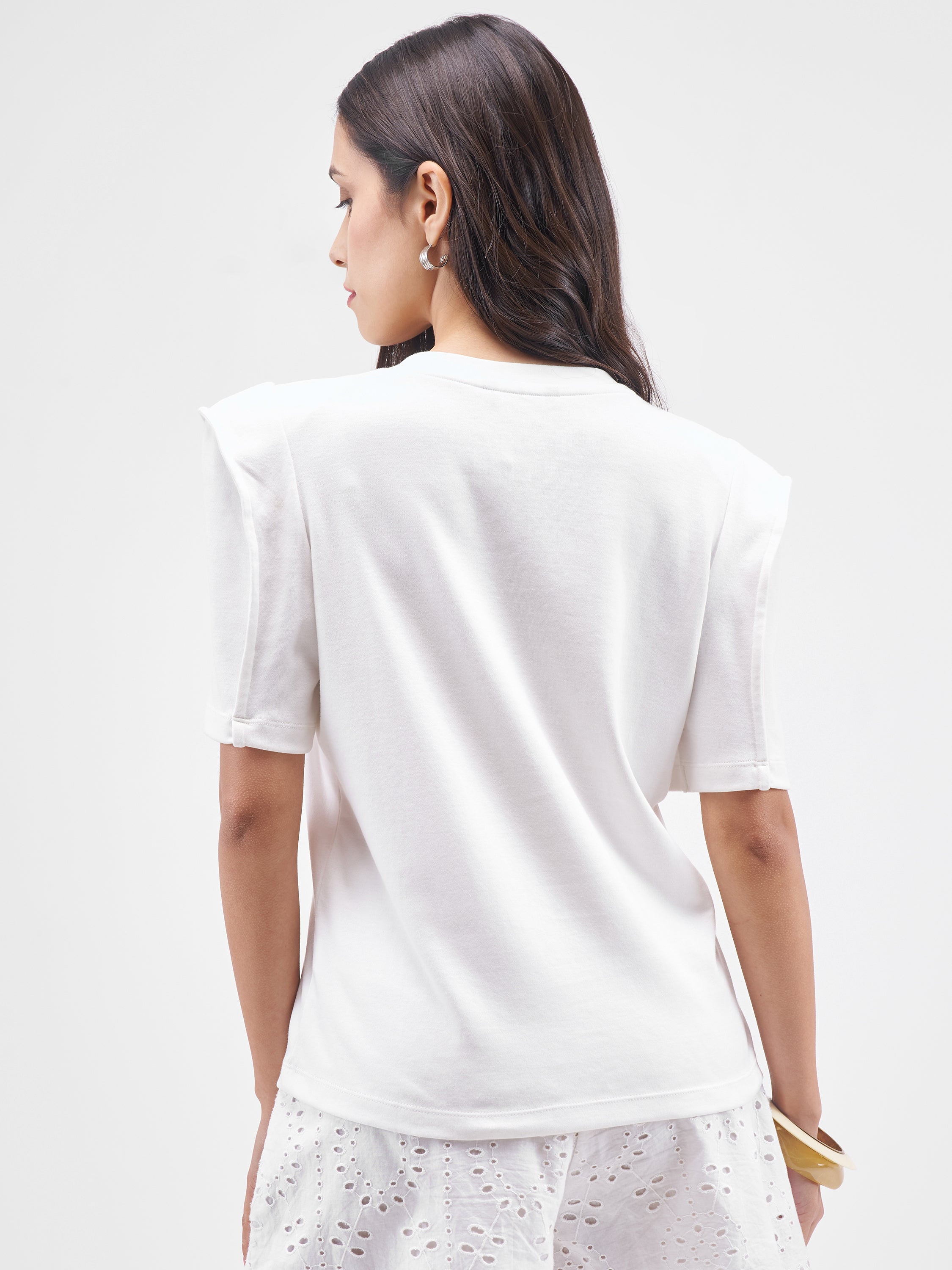 Tokyo Talkies Women White Applique Round Neck T-Shirt - White - Image 3