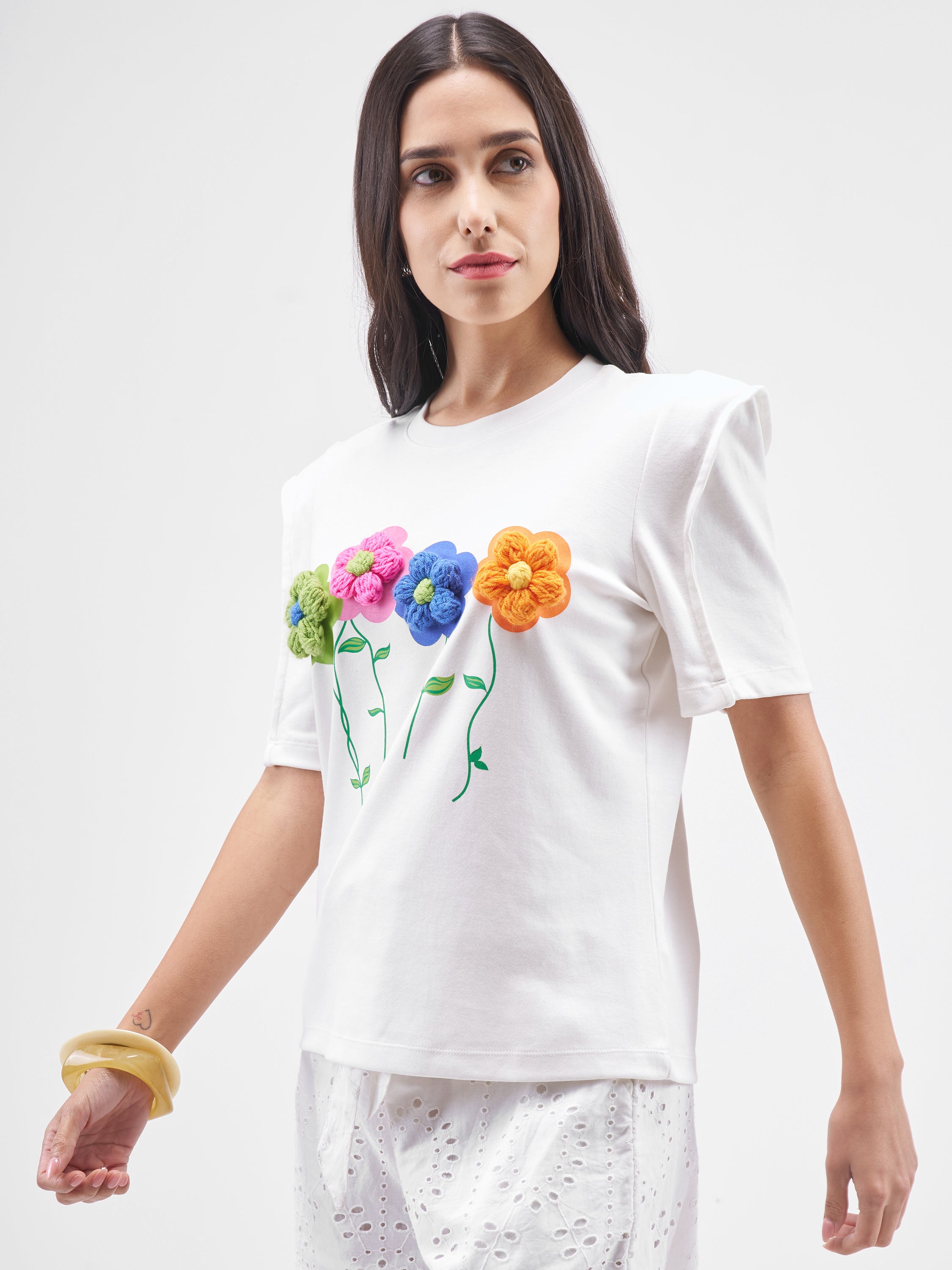Tokyo Talkies Women White Applique Round Neck T-Shirt - White - Image 4