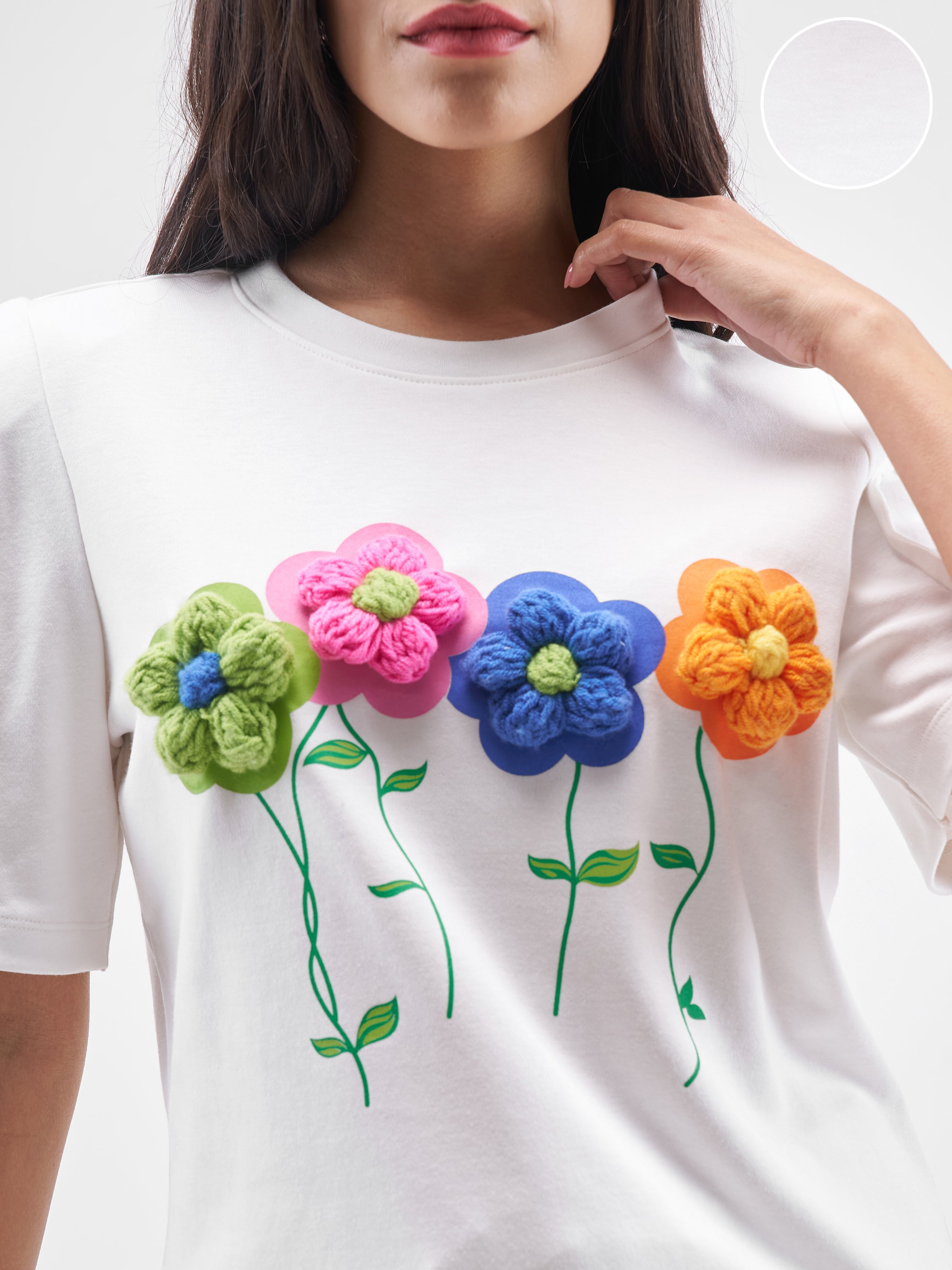 Tokyo Talkies Women White Applique Round Neck T-Shirt - White - Image 5