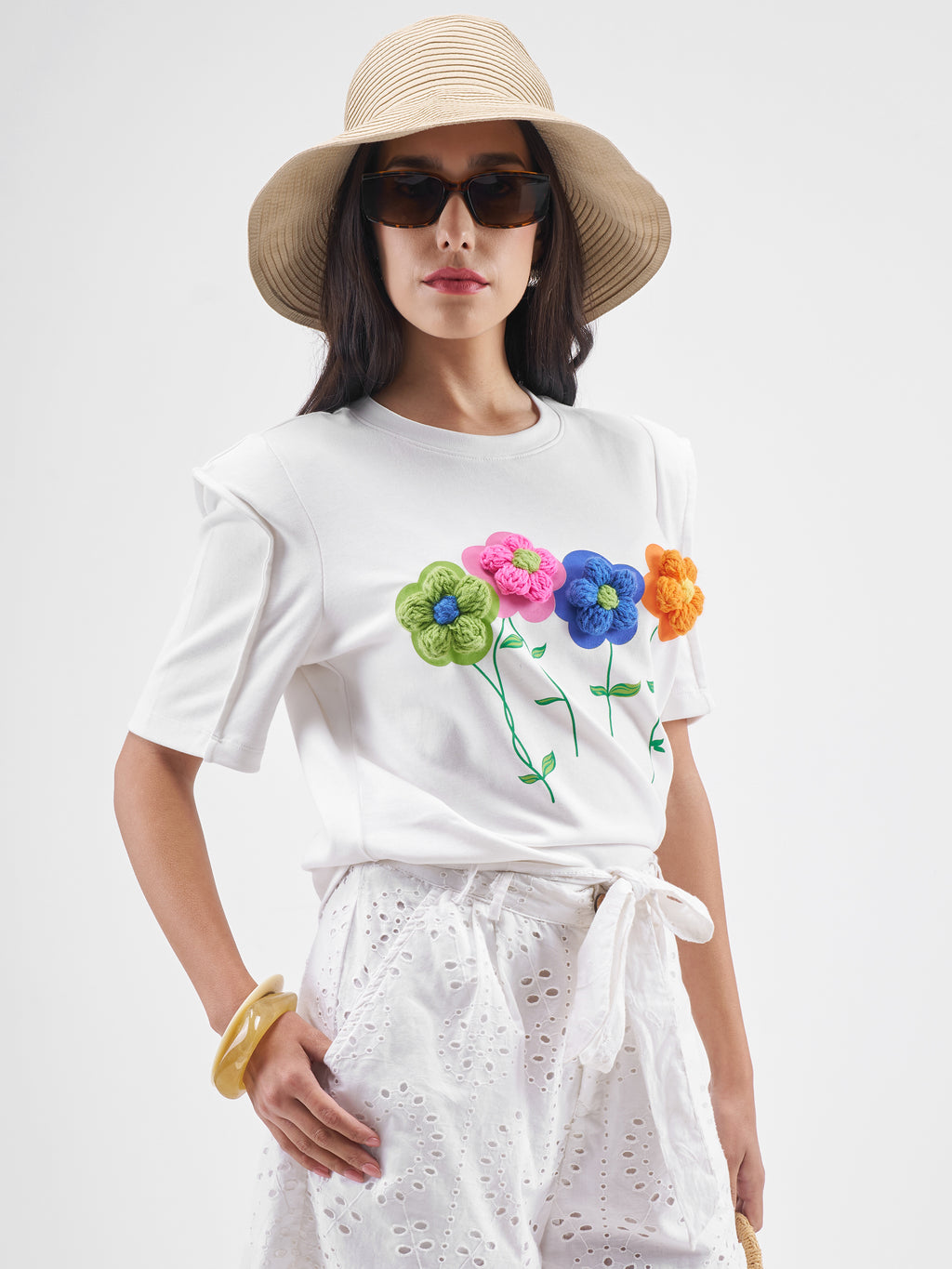 Tokyo Talkies Women White Applique Round Neck T-Shirt - White - Image 6