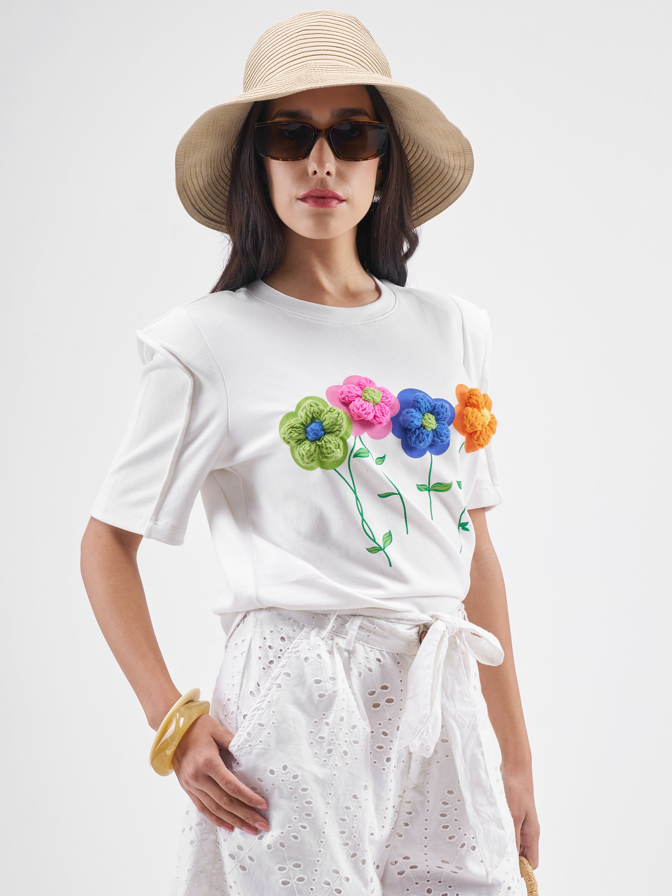 Tokyo Talkies Women White Applique Round Neck T-Shirt - White - Image 6