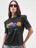 Tokyo Talkies Women Black Applique Round Neck T-Shirt - Black - Image 1