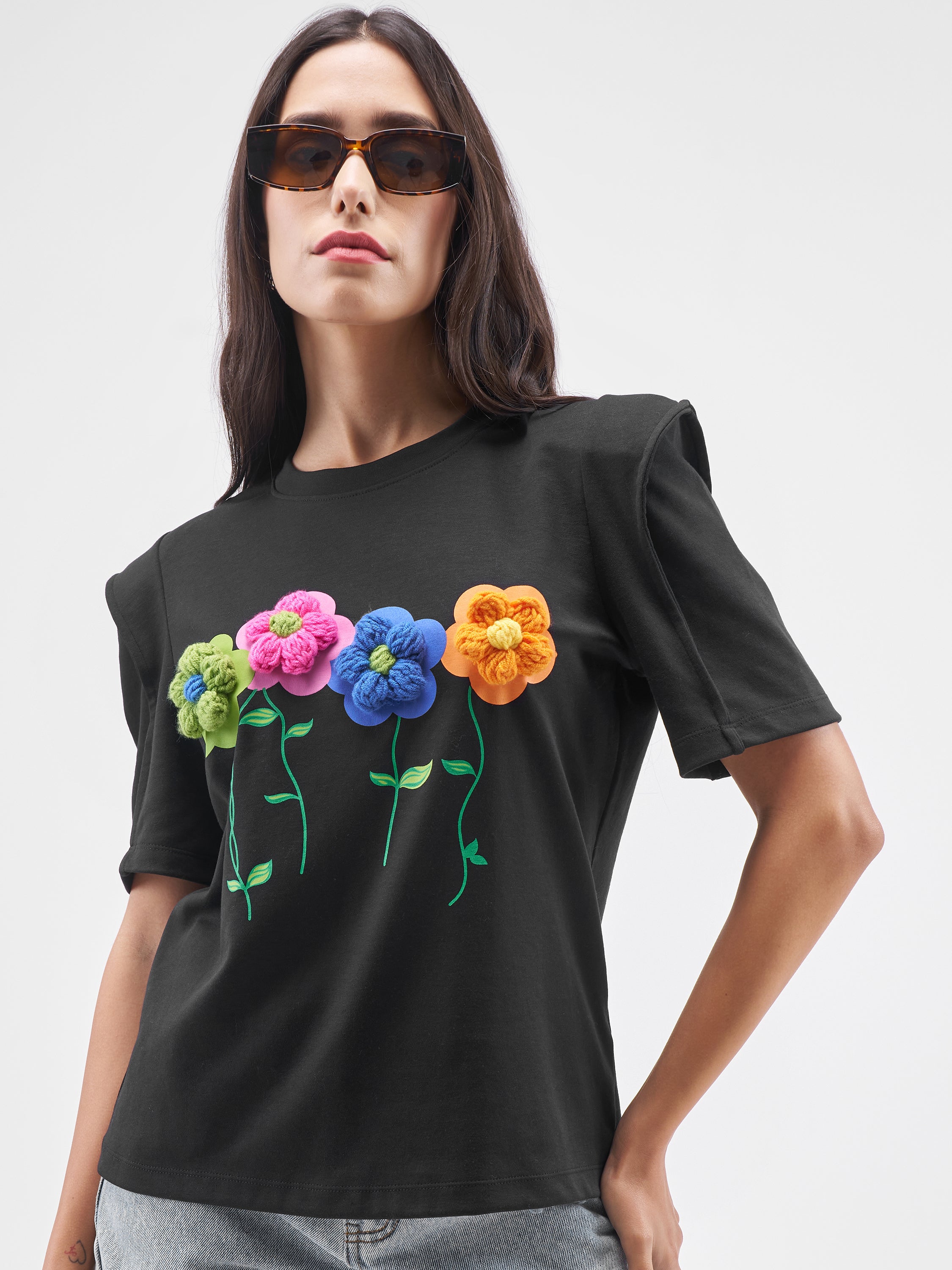 Tokyo Talkies Women Black Applique Round Neck T-Shirt - Black - Image 1