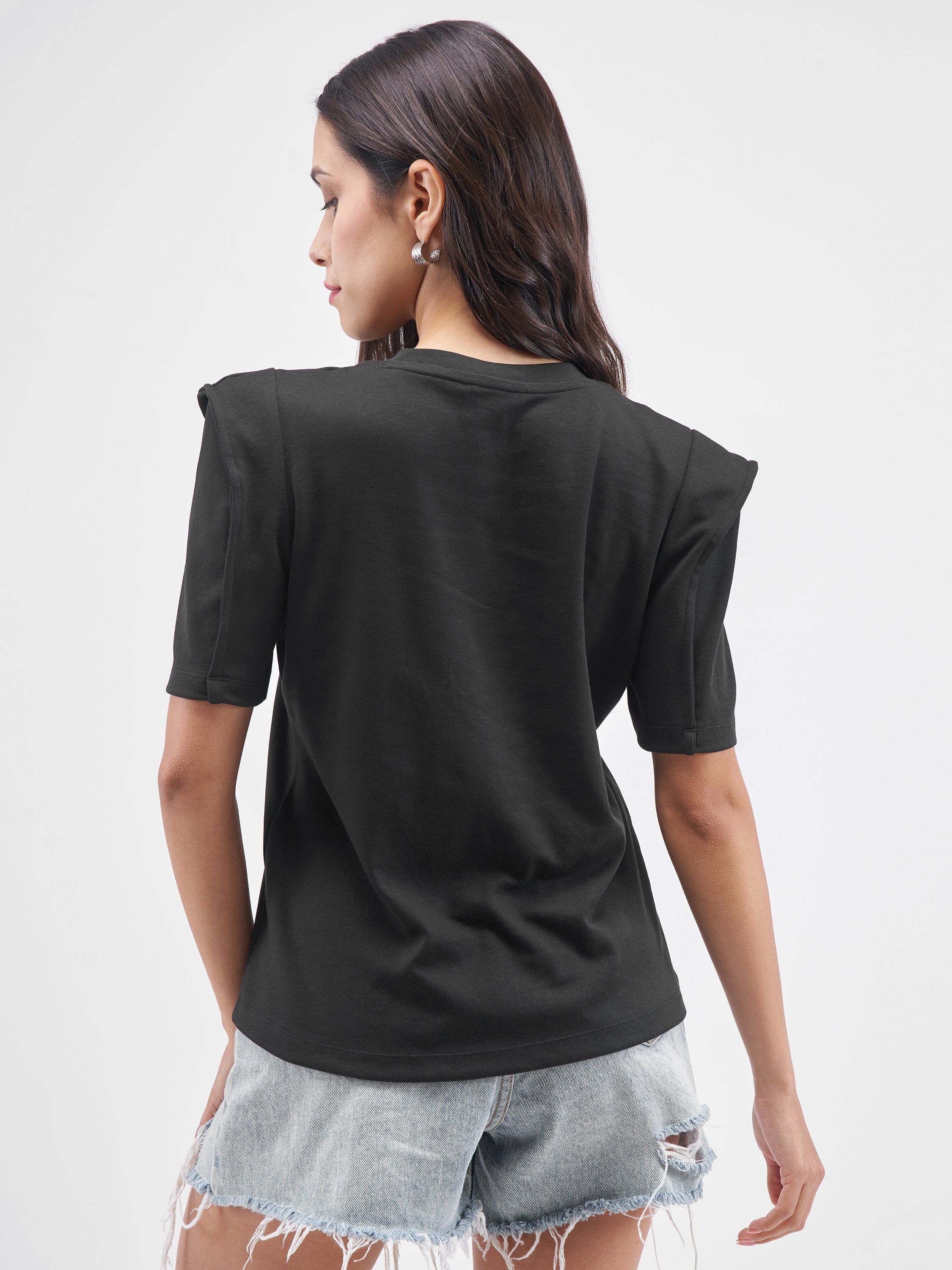 Tokyo Talkies Women Black Applique Round Neck T-Shirt - Black - Image 3