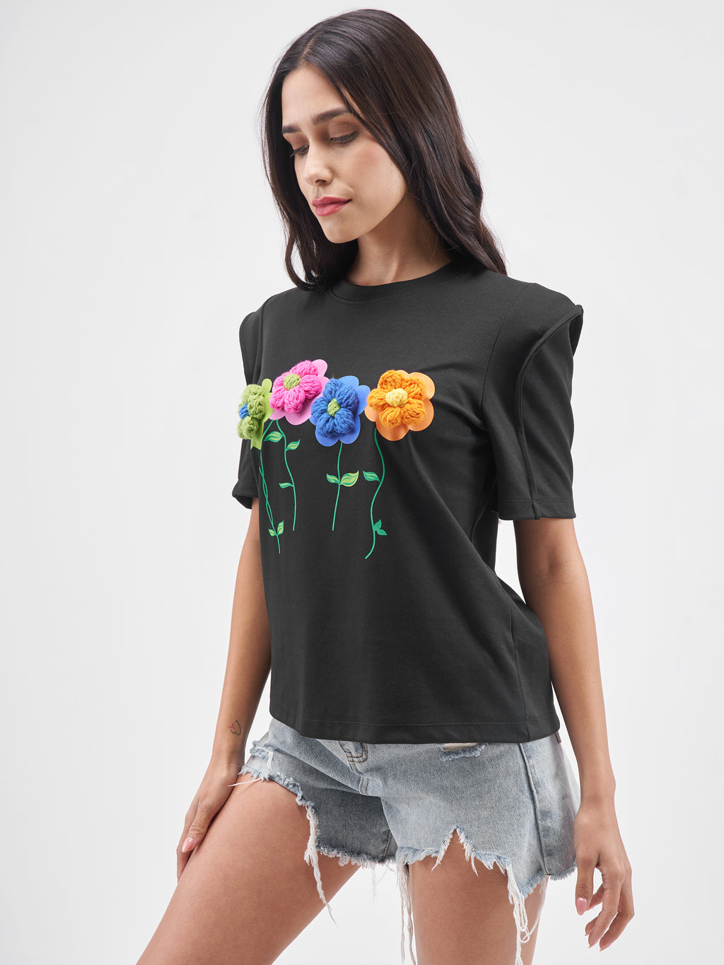 Tokyo Talkies Women Black Applique Round Neck T-Shirt - Black - Image 4