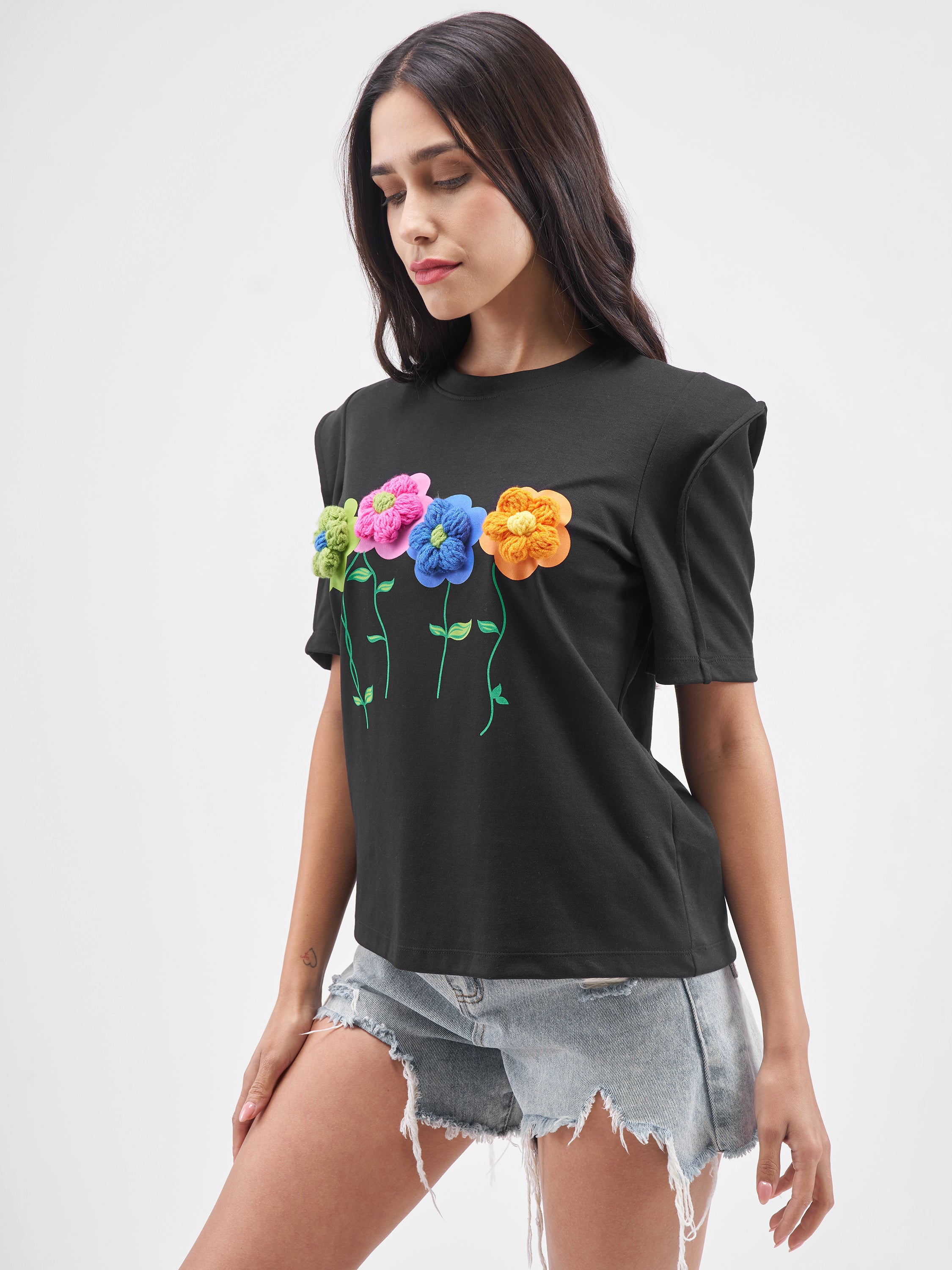 Tokyo Talkies Women Black Applique Round Neck T-Shirt - Black - Image 4