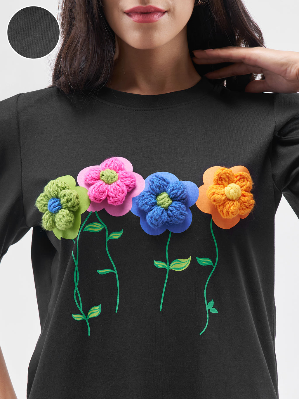 Tokyo Talkies Women Black Applique Round Neck T-Shirt - Black - Image 5