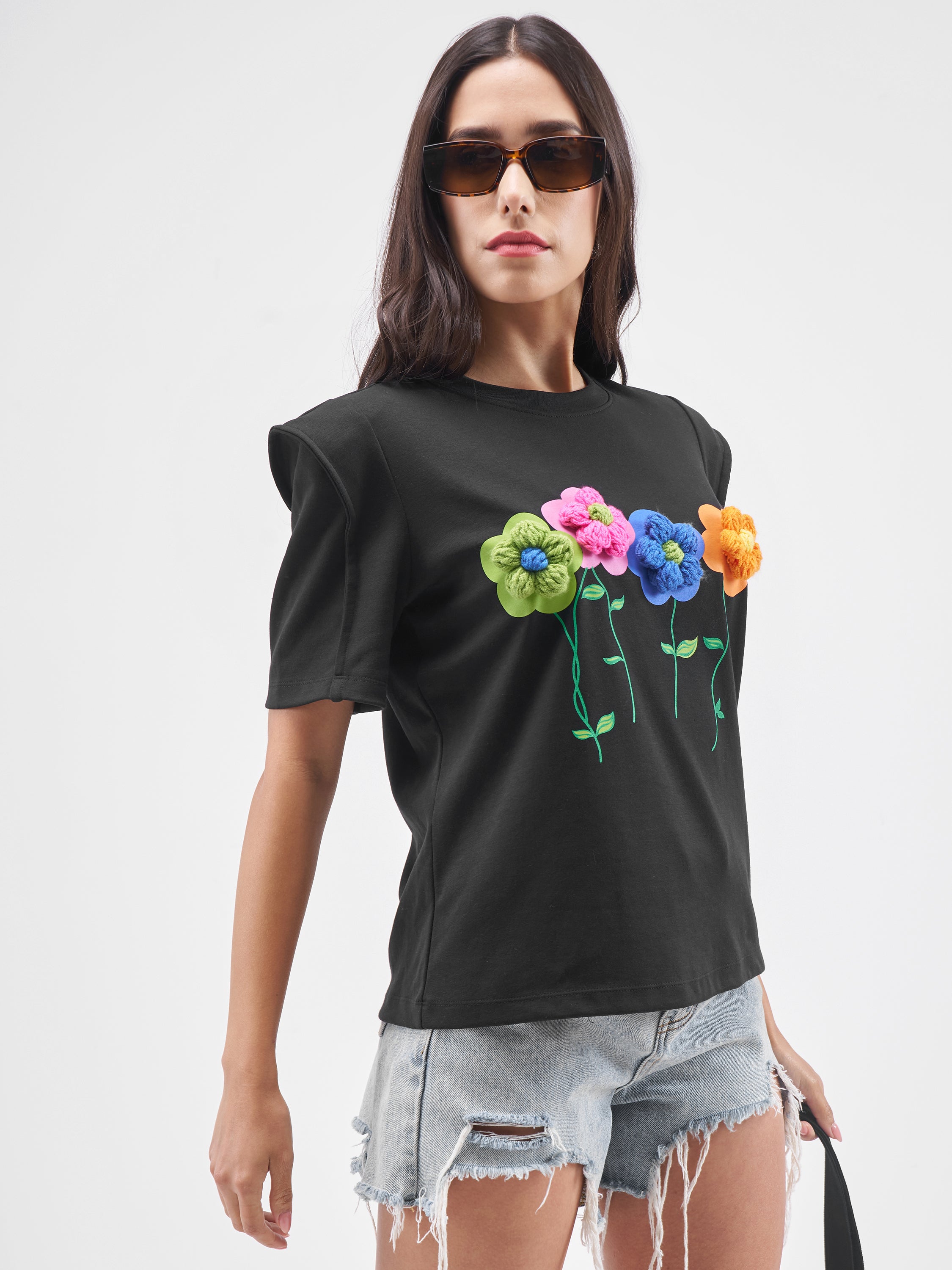 Tokyo Talkies Women Black Applique Round Neck T-Shirt - Black - Image 6
