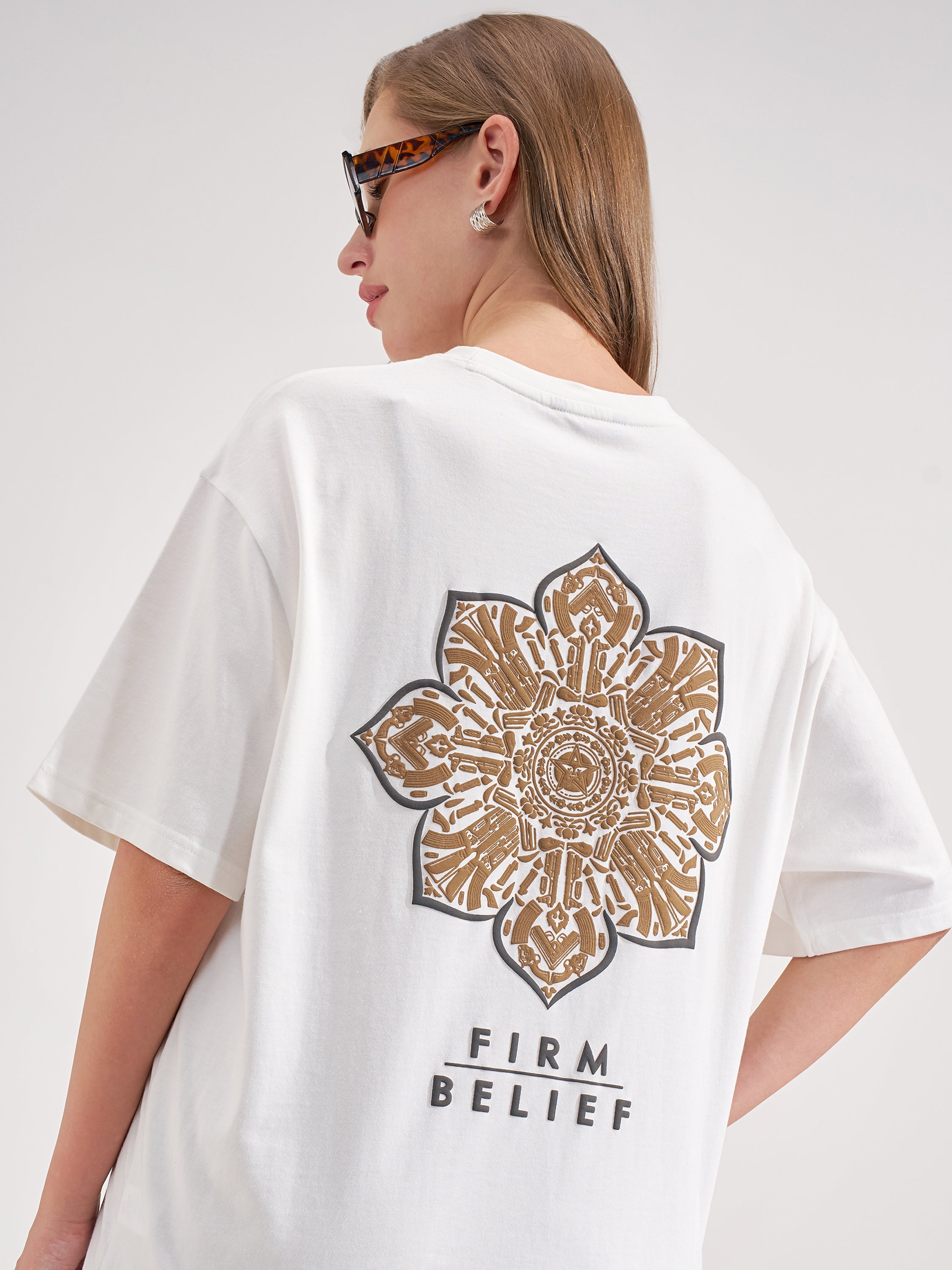 Tokyo Talkies Women White Printed Round Neck Oversized Fit T-Shirt