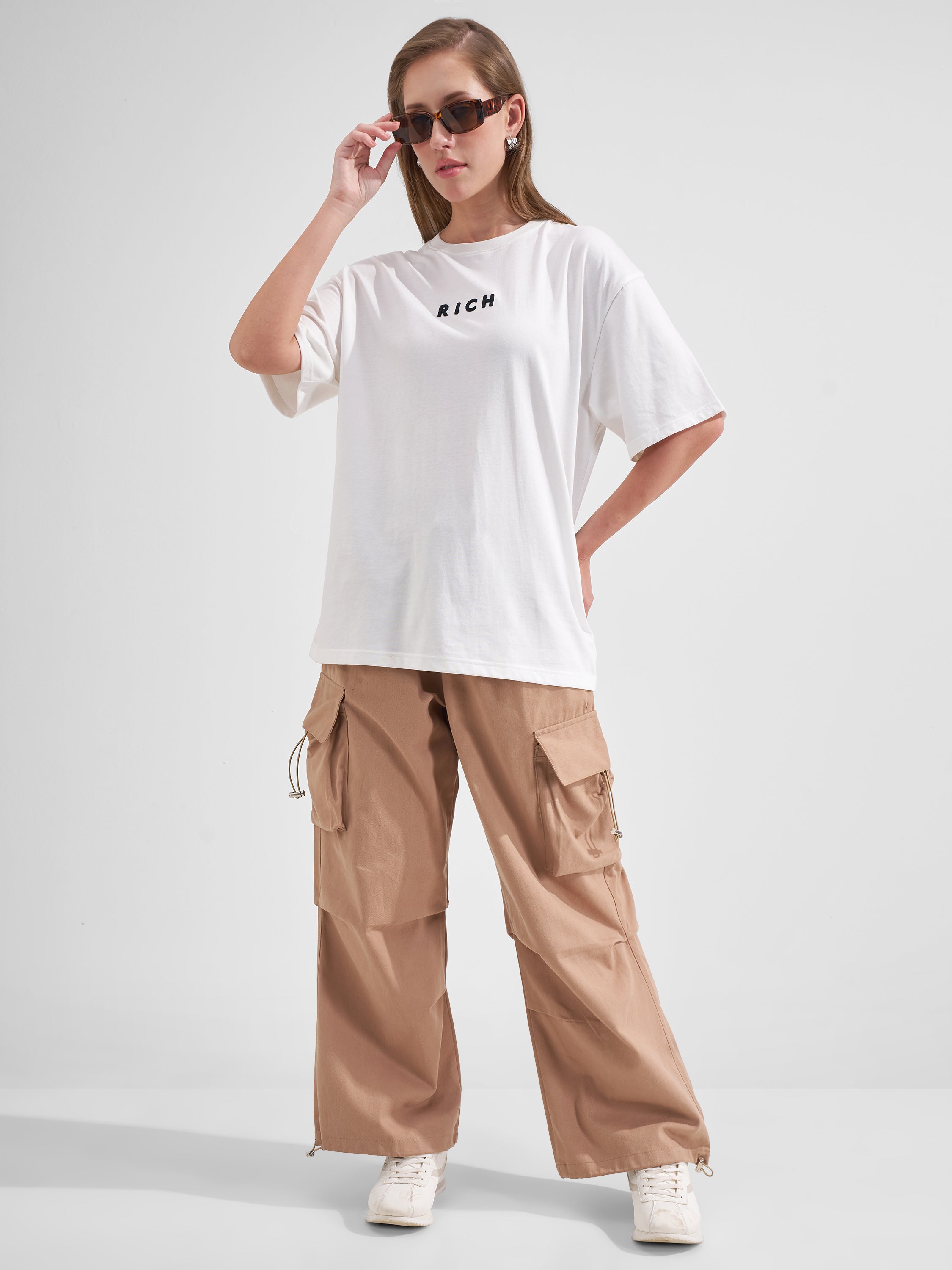 Tokyo Talkies Women White Printed Round Neck Oversized Fit T-Shirt