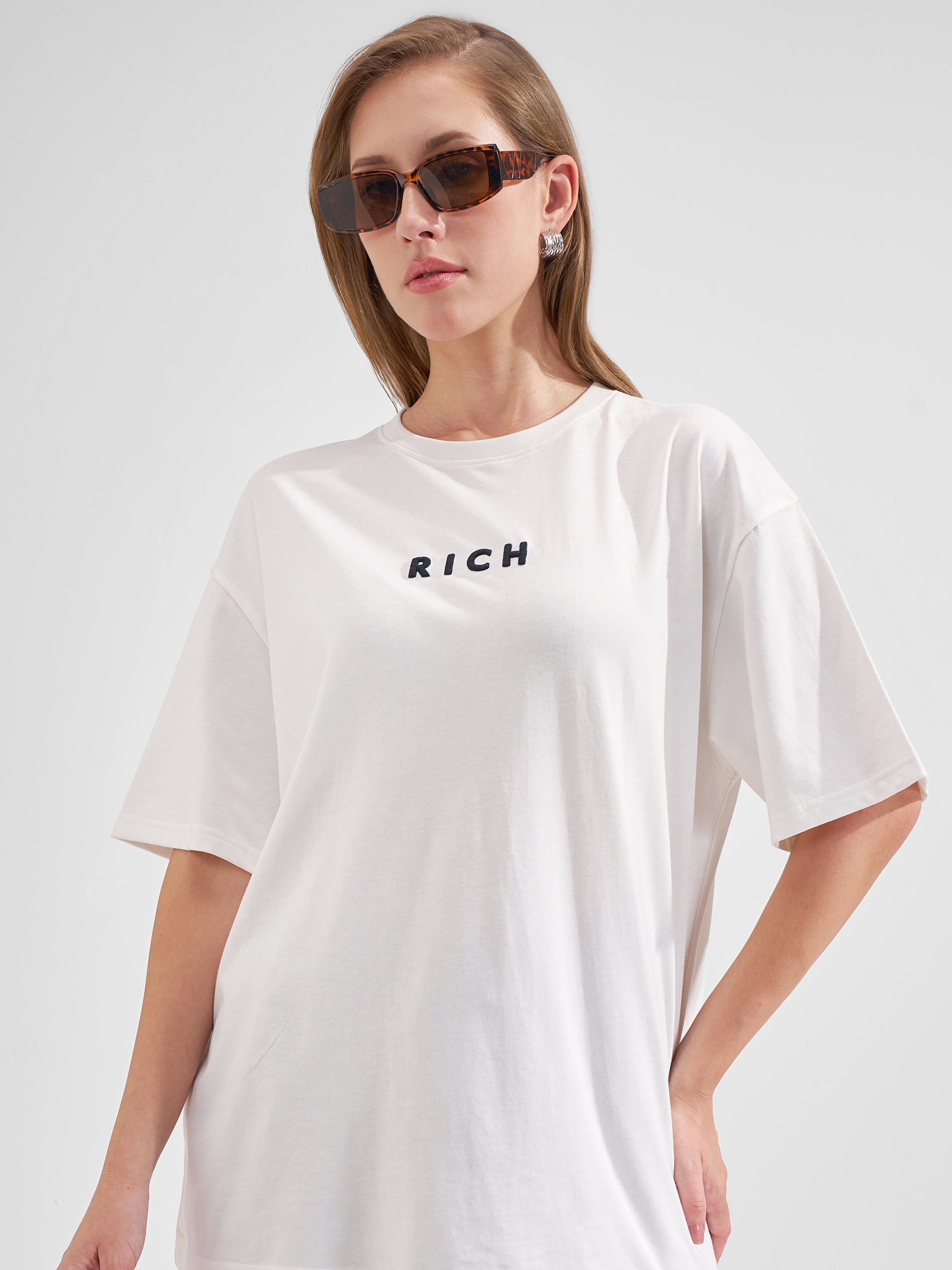 Tokyo Talkies Women White Printed Round Neck Oversized Fit T-Shirt