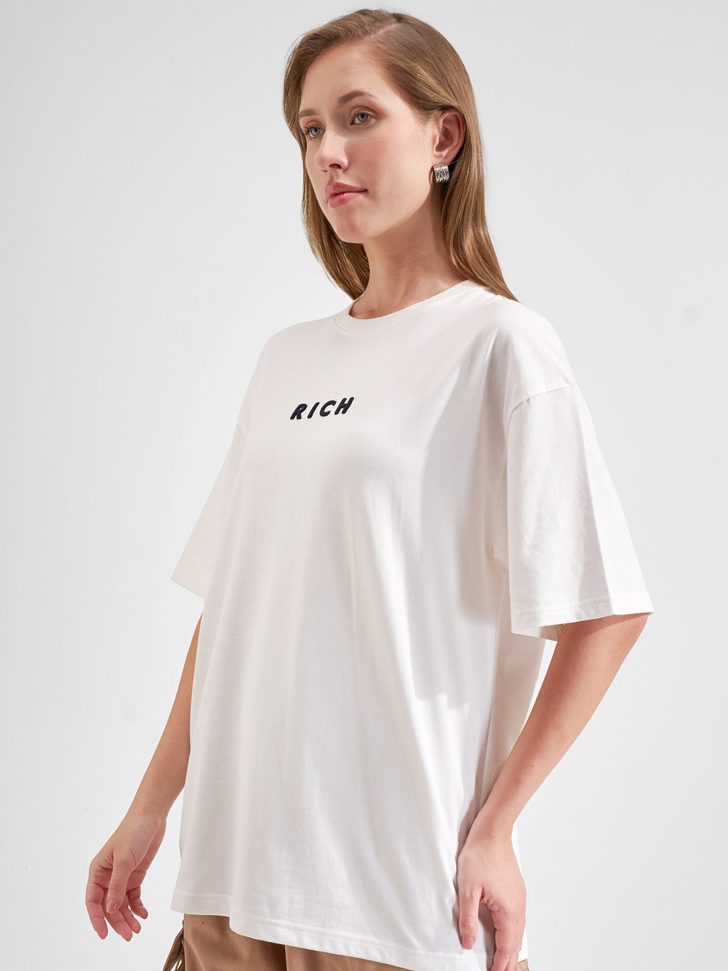 Tokyo Talkies Women White Printed Round Neck Oversized Fit T-Shirt