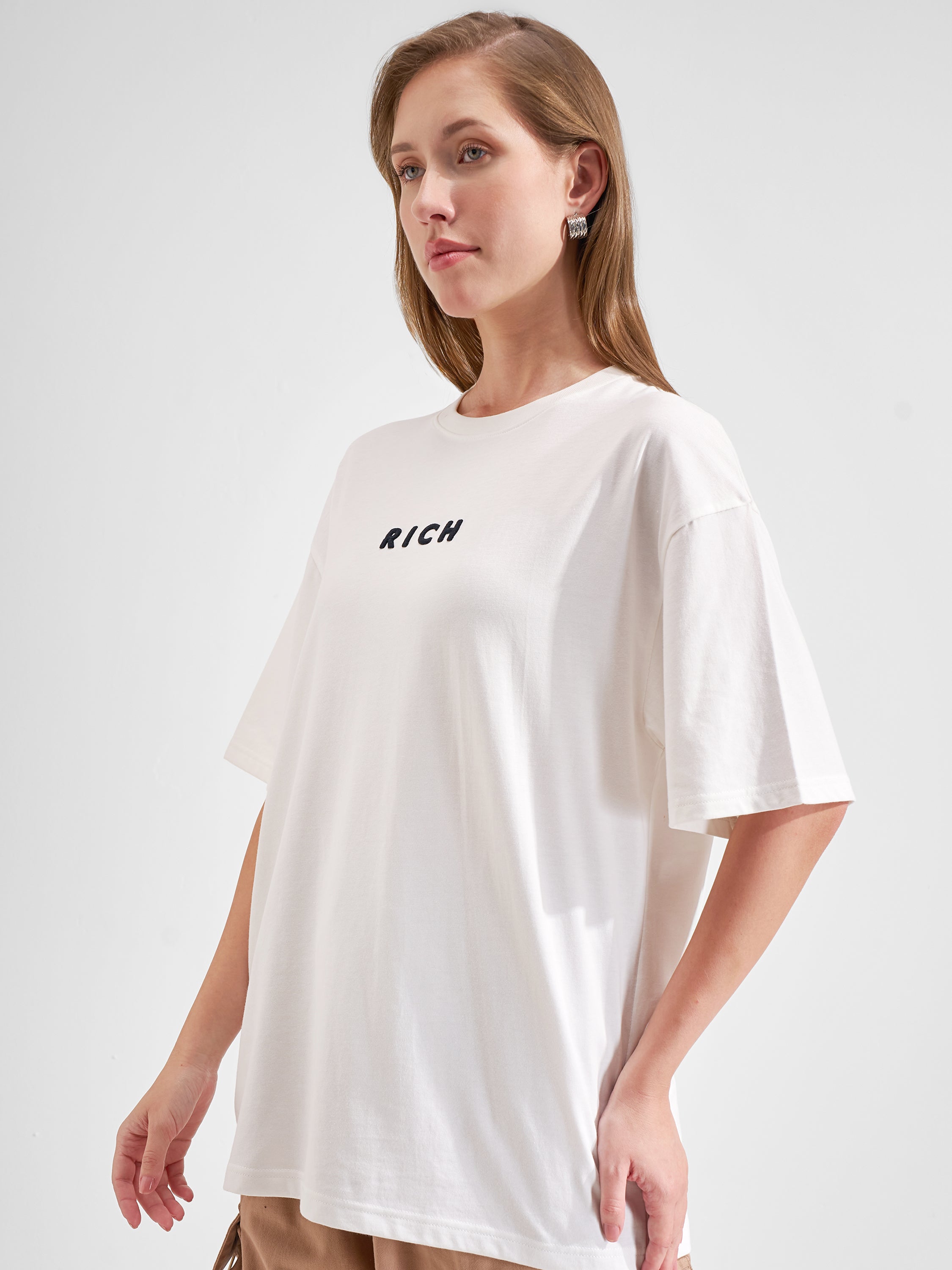 Tokyo Talkies Women White Printed Round Neck Oversized Fit T-Shirt