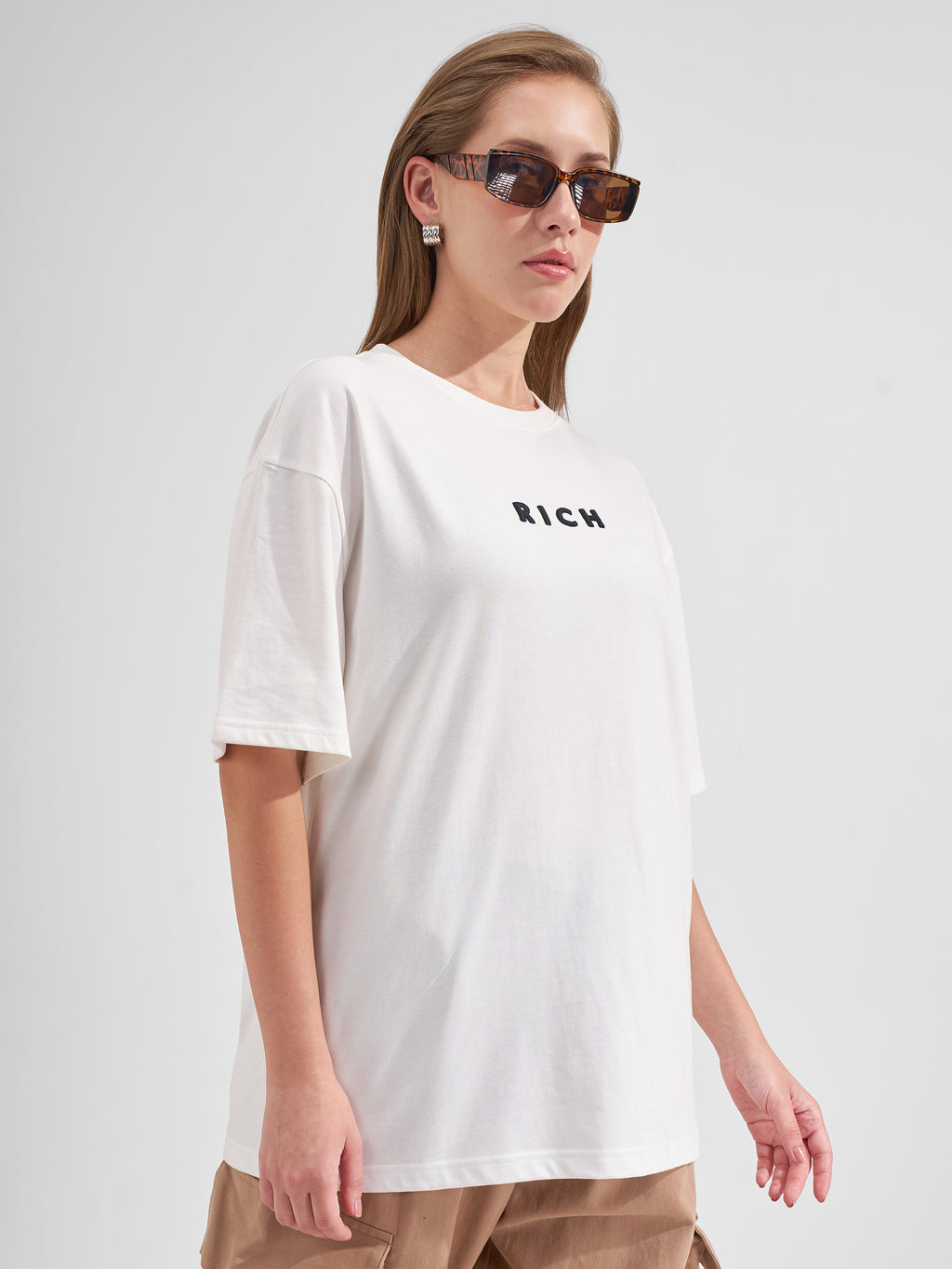 Tokyo Talkies Women White Printed Round Neck Oversized Fit T-Shirt