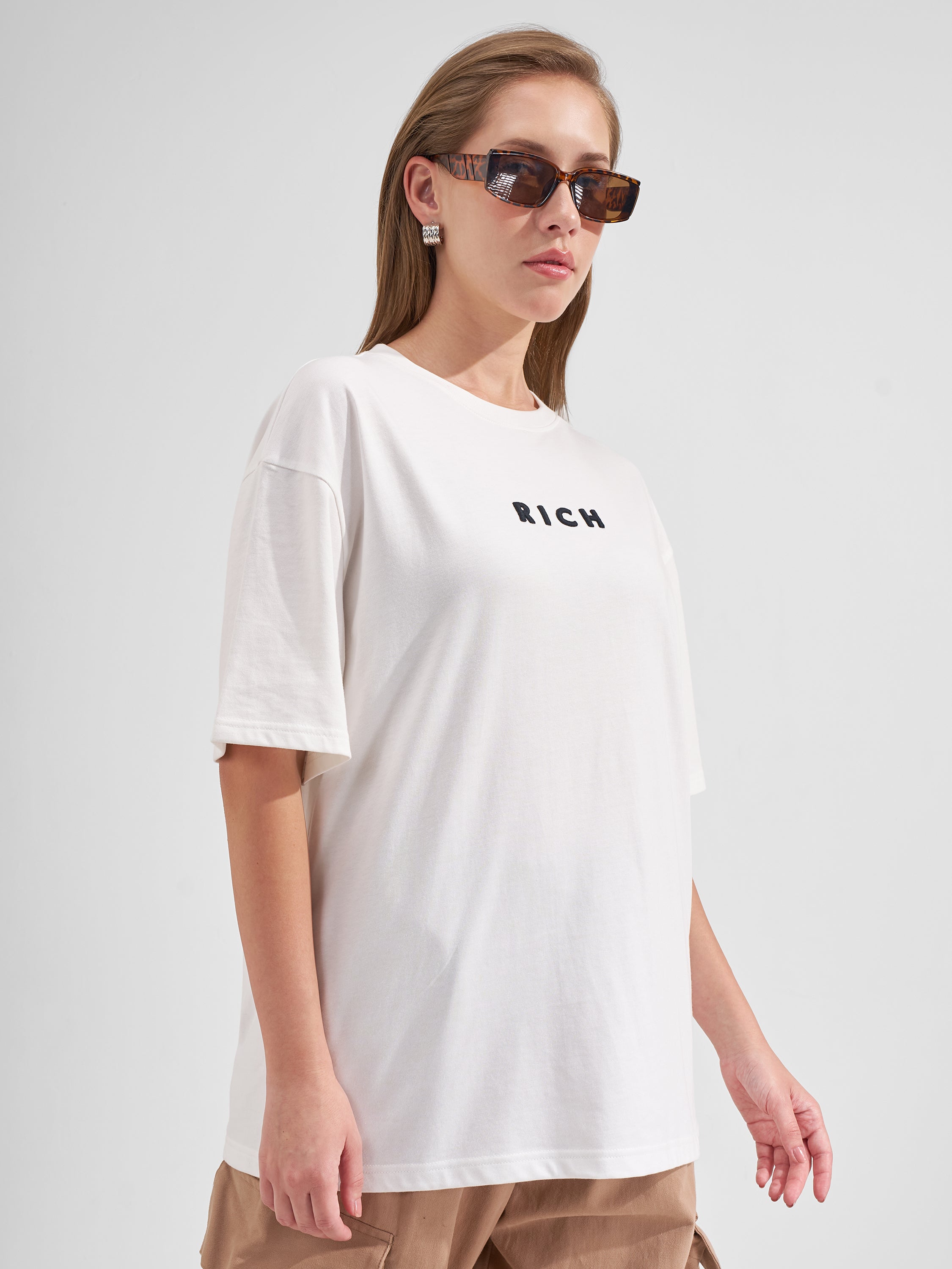 Tokyo Talkies Women White Printed Round Neck Oversized Fit T-Shirt