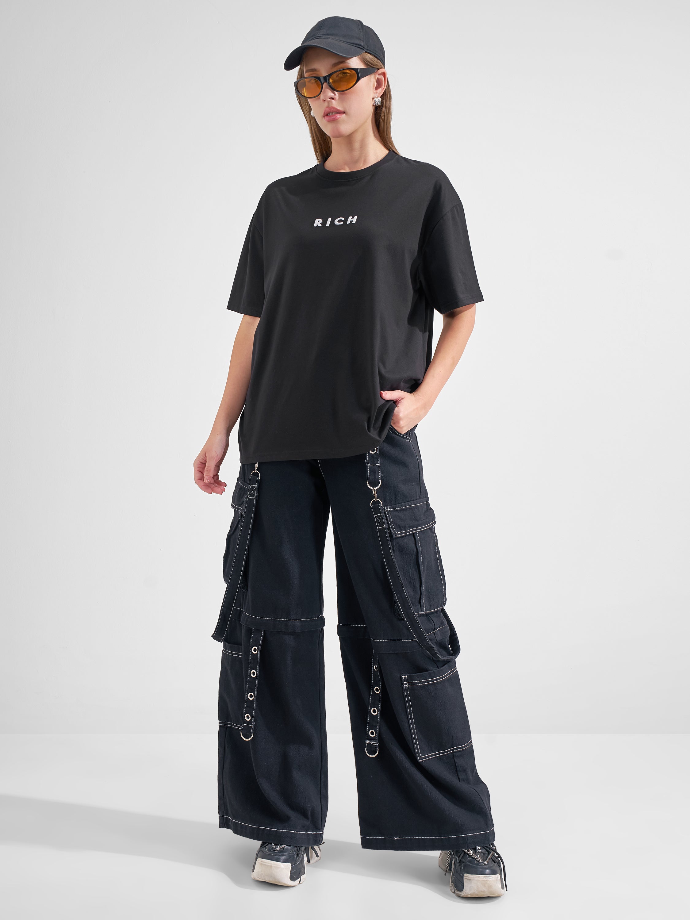 Tokyo Talkies Women Black Printed Round Neck Oversized Fit T-Shirt