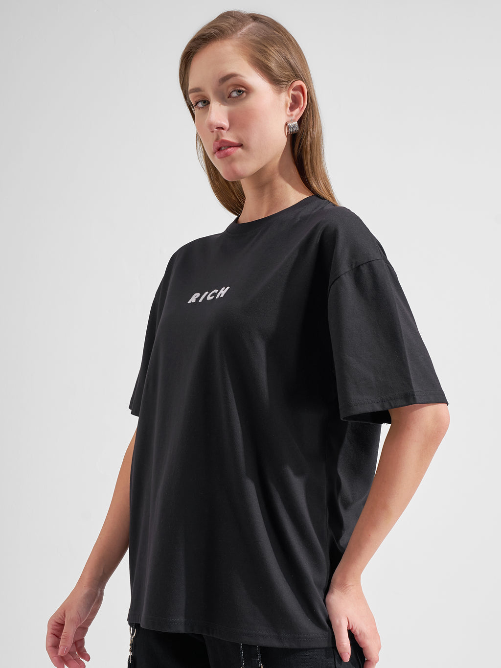 Tokyo Talkies Women Black Printed Round Neck Oversized Fit T-Shirt