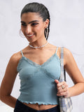 Tokyo Talkies Women Blue Self Design Fitted Top - Blue - Image 1