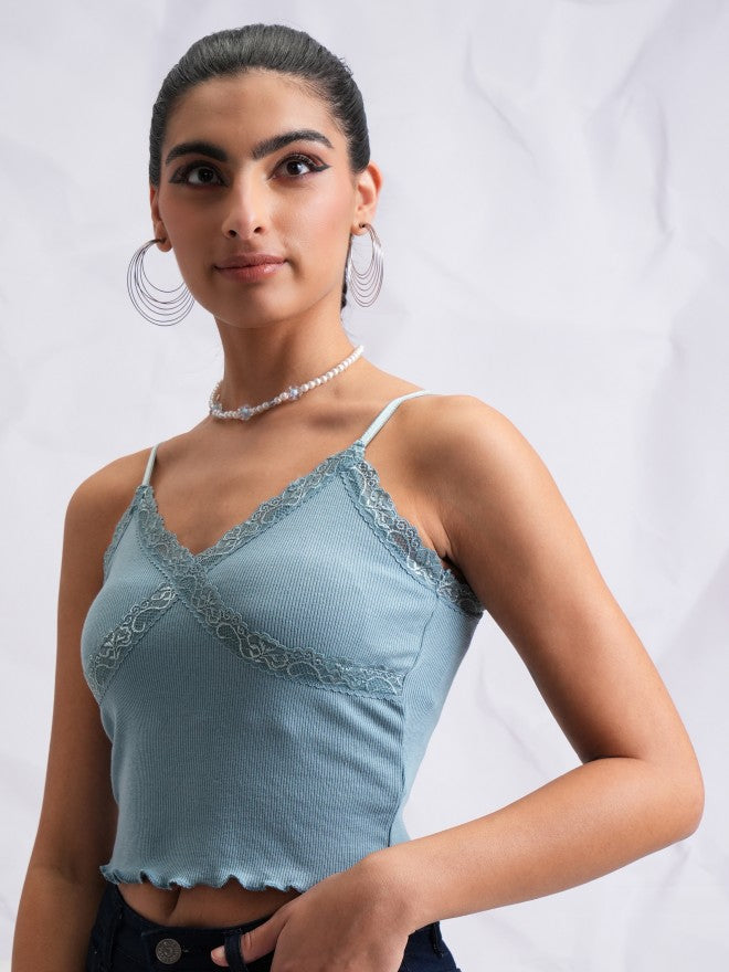 Tokyo Talkies Women Blue Self Design Fitted Top - Blue - Image 4