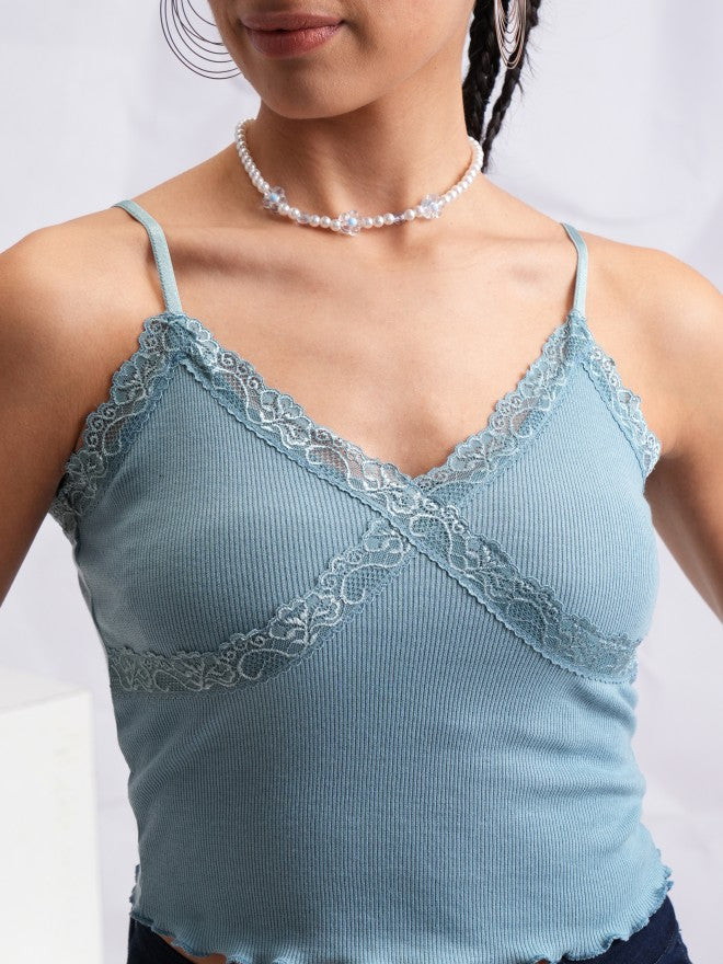 Tokyo Talkies Women Blue Self Design Fitted Top - Blue - Image 5