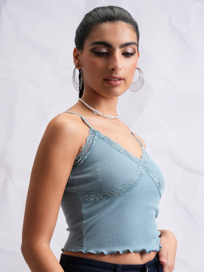 Tokyo Talkies Women Blue Self Design Fitted Top - Blue - Image 6