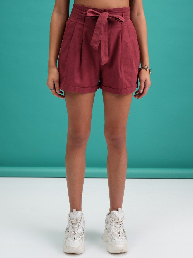 Tokyo Talkies Women Rust Solid Paperbag Shorts - Terracotta - Image 1
