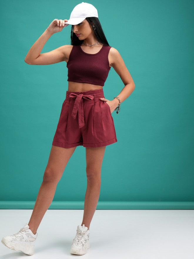 Tokyo Talkies Women Rust Solid Paperbag Shorts - Terracotta - Image 2