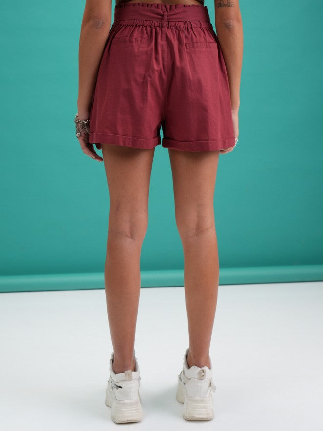 Tokyo Talkies Women Rust Solid Paperbag Shorts - Terracotta - Image 3