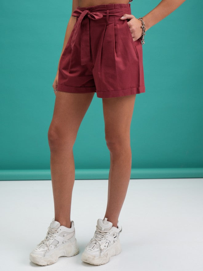 Tokyo Talkies Women Rust Solid Paperbag Shorts - Terracotta - Image 4