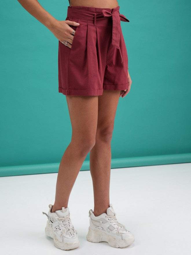 Tokyo Talkies Women Rust Solid Paperbag Shorts - Terracotta - Image 6