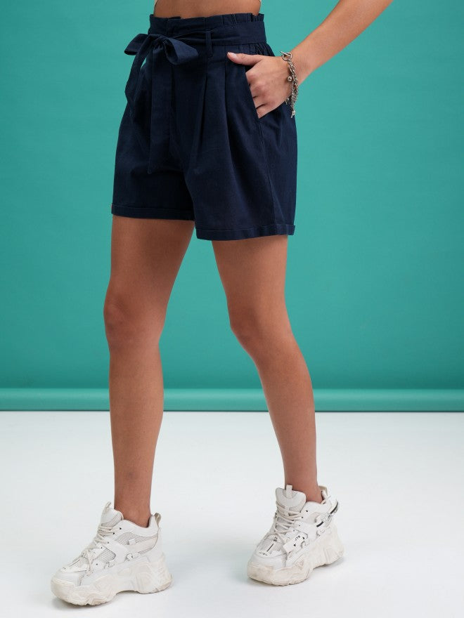 Tokyo Talkies Women Navy Solid Paperbag Shorts - Navy Blue - Image 4