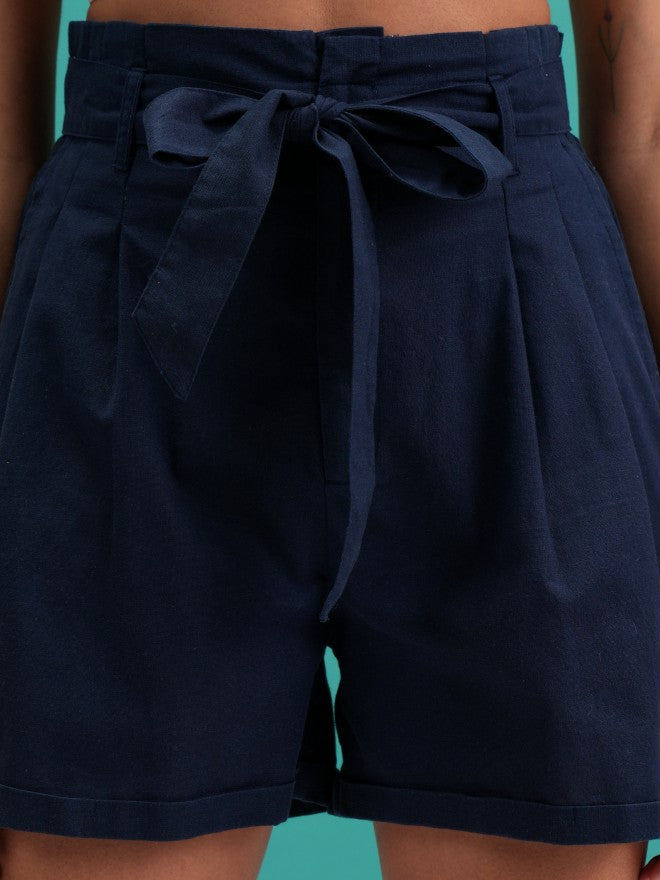 Tokyo Talkies Women Navy Solid Paperbag Shorts - Navy Blue - Image 5