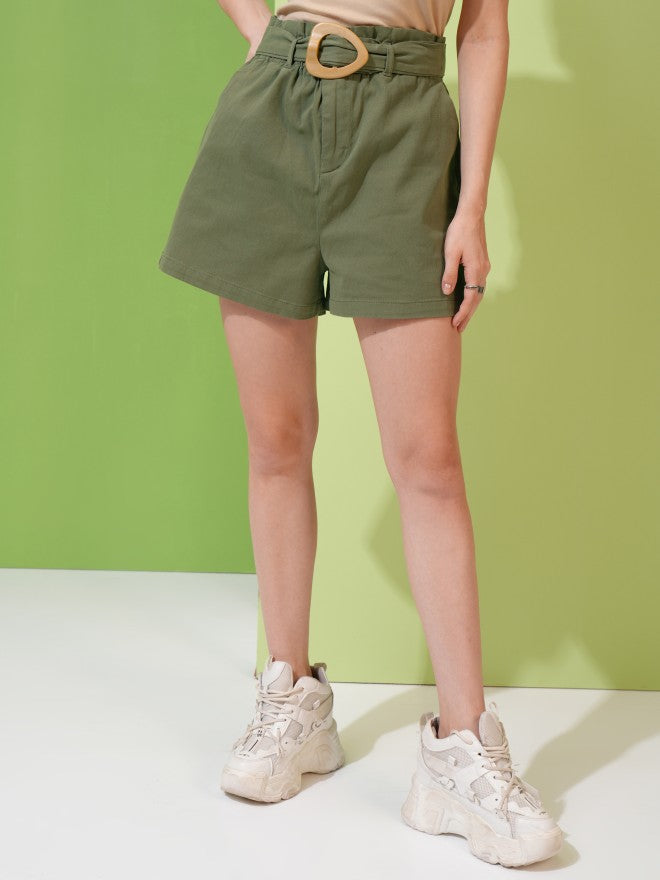 Tokyo Talkies Women Olive Regular Fit Shorts - Olive - Image 1