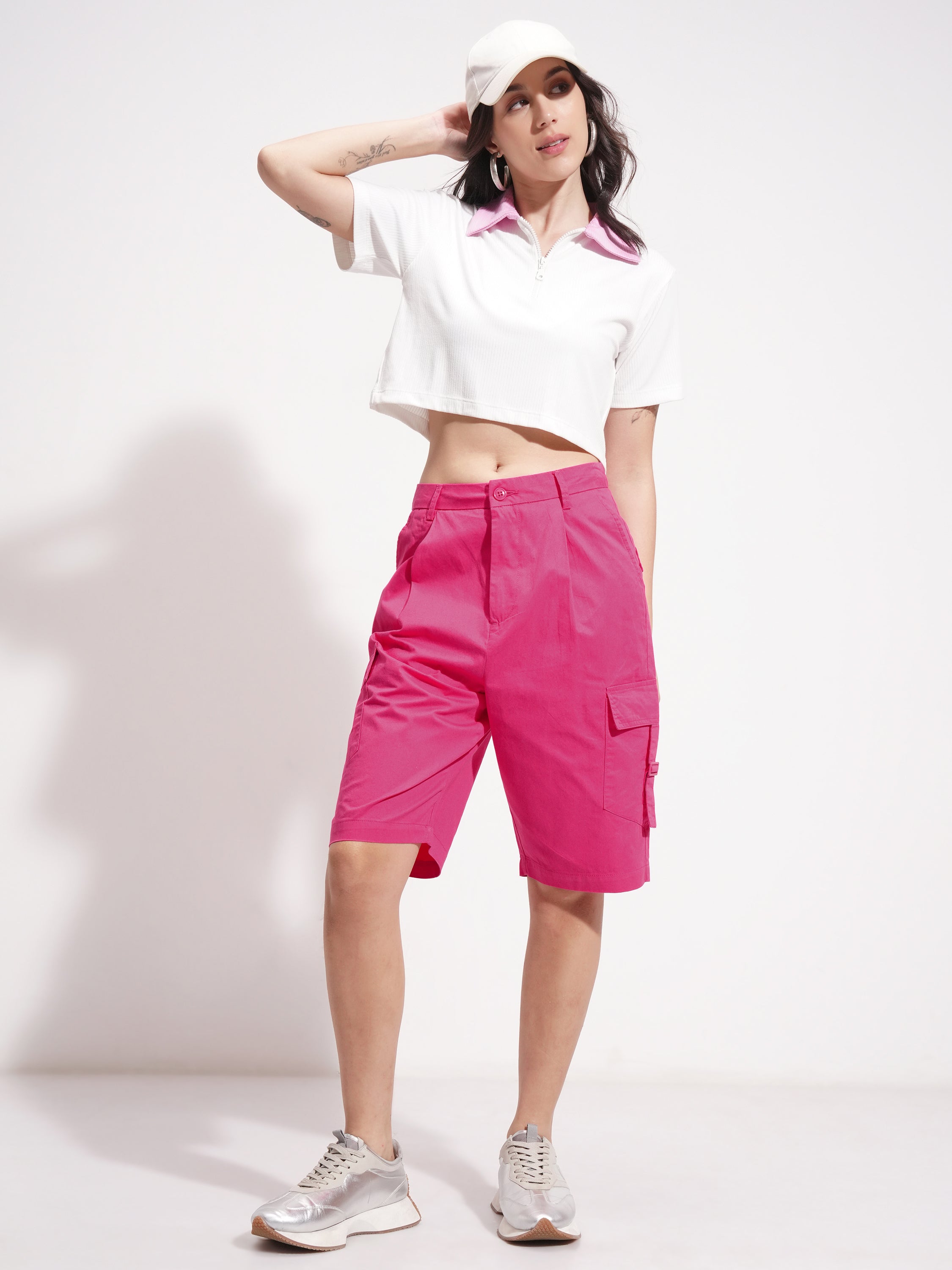 Tokyo Talkies Women Pink Relaxed Fit Cargo Shorts - Pink - Image 2