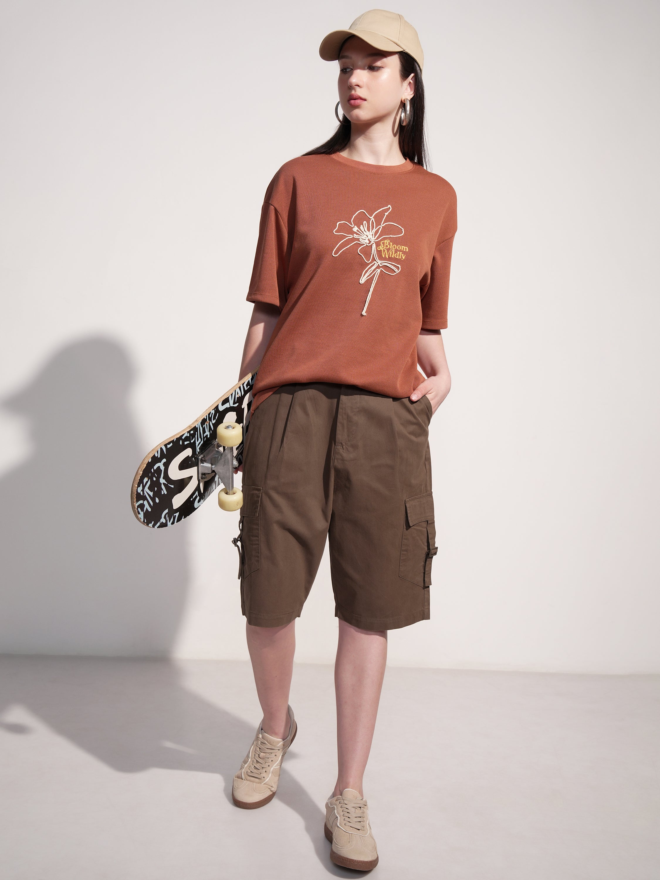 Tokyo Talkies Women Brown Baggy Cargo Shorts - Brown - Image 2