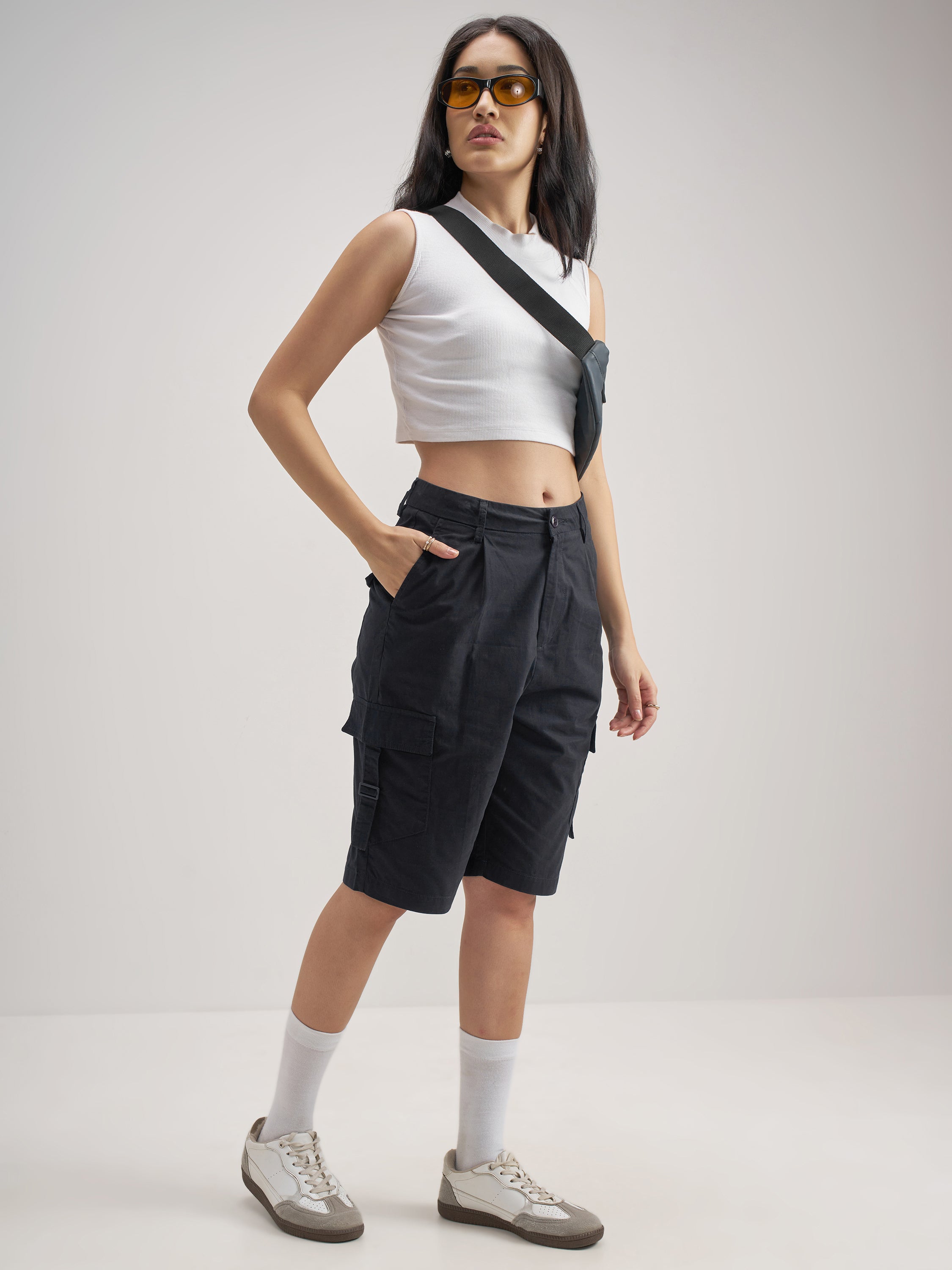 Tokyo Talkies Women Black Regular Fit Cargo Shorts - Black - Image 2