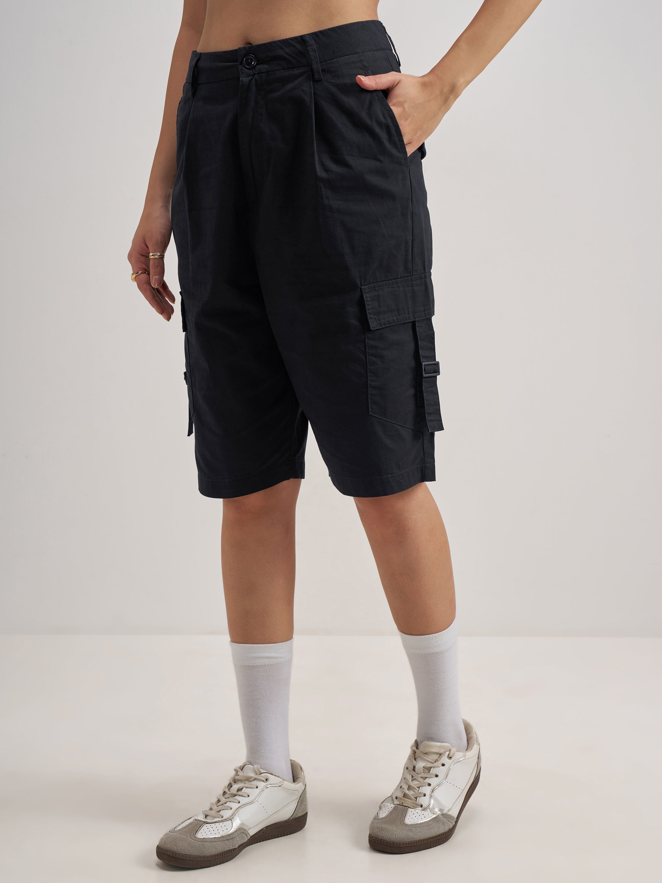 Tokyo Talkies Women Black Regular Fit Cargo Shorts - Black - Image 4