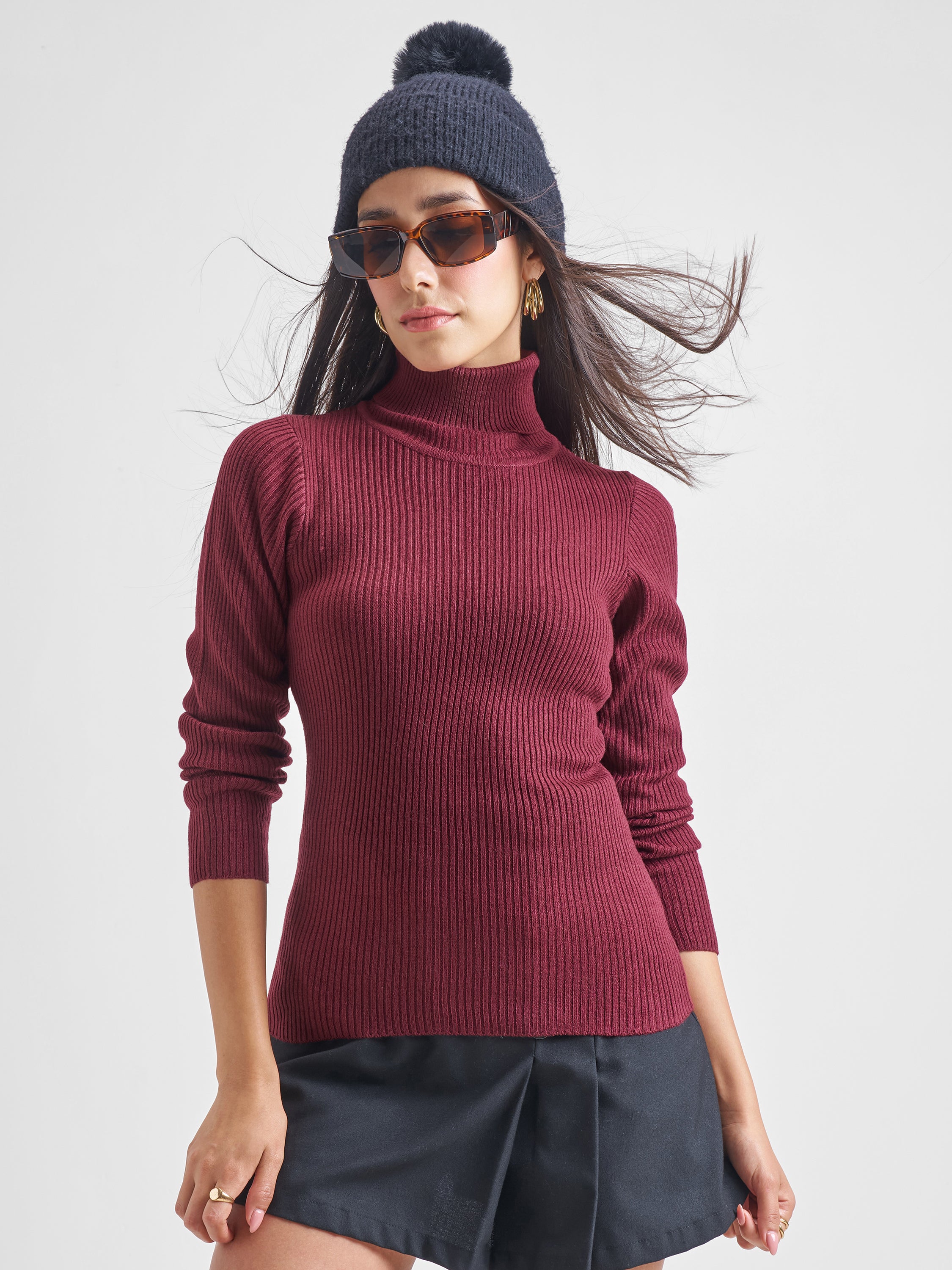 Tokyo Talkies Burgundy Casual Ribbed Sweater - Burgundy - Image 1