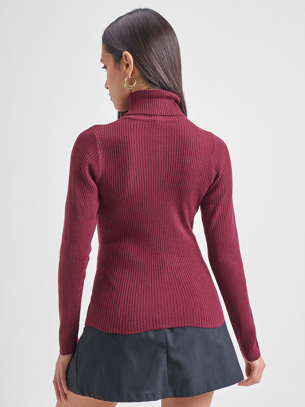 Tokyo Talkies Burgundy Casual Ribbed Sweater - Burgundy - Image 3