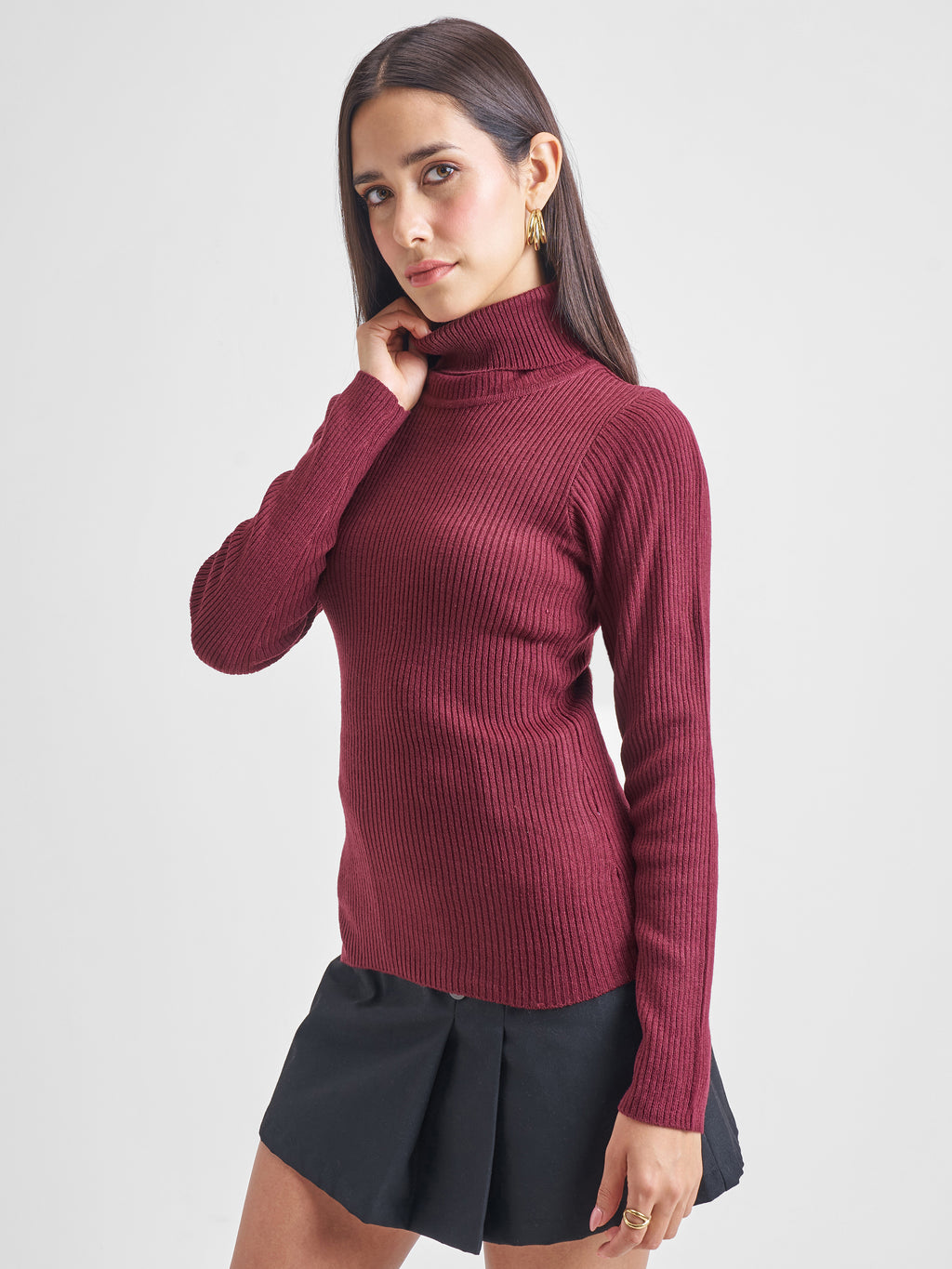 Tokyo Talkies Burgundy Casual Ribbed Sweater - Burgundy - Image 4