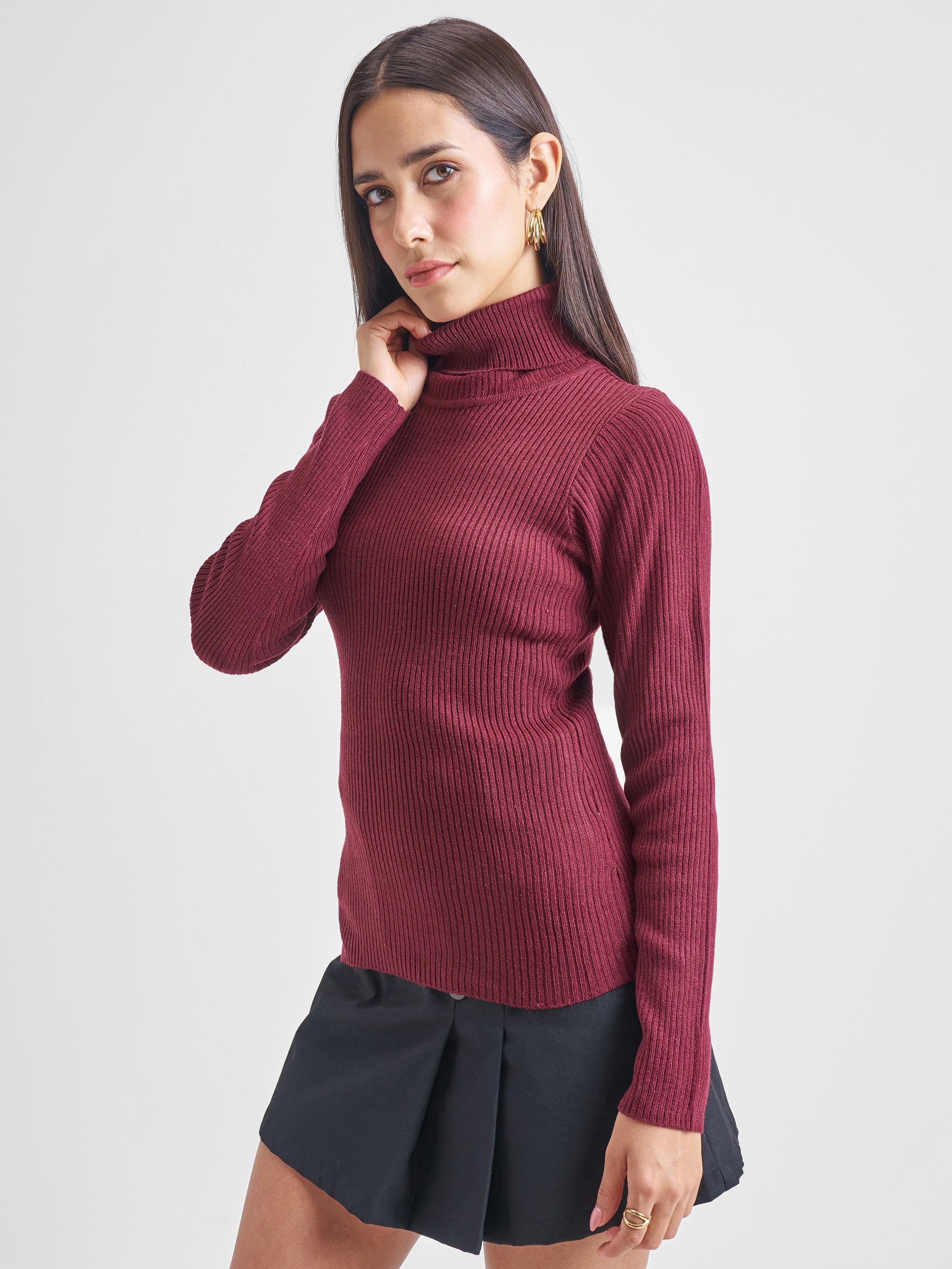 Tokyo Talkies Burgundy Casual Ribbed Sweater - Burgundy - Image 4