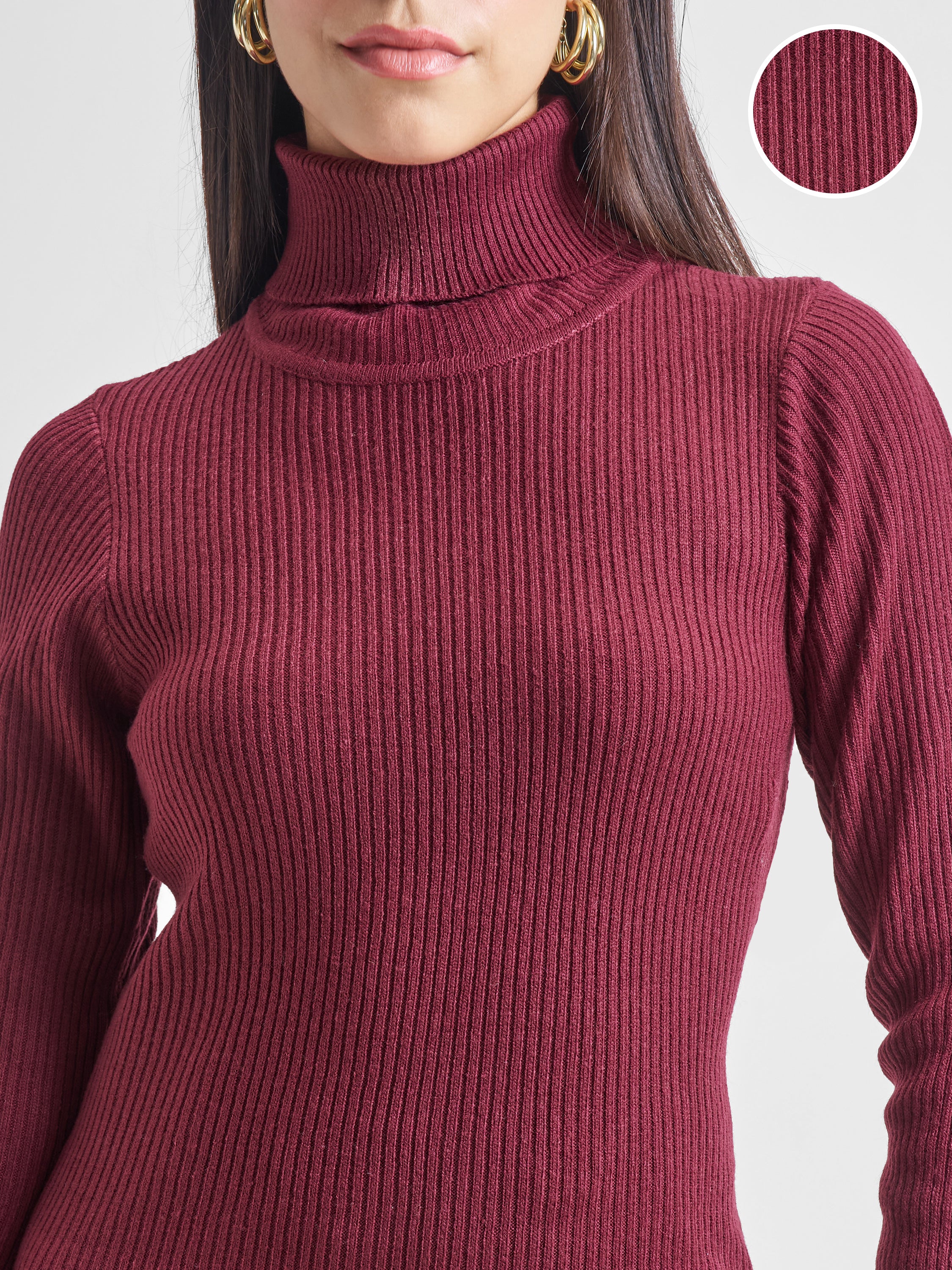 Tokyo Talkies Burgundy Casual Ribbed Sweater - Burgundy - Image 5