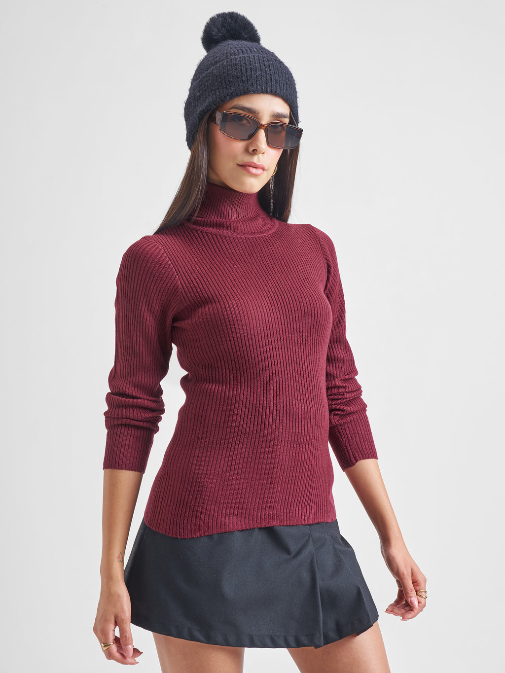Tokyo Talkies Burgundy Casual Ribbed Sweater - Burgundy - Image 6