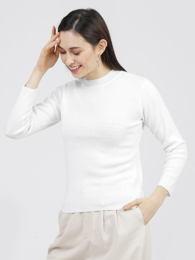 Tokyo Talkies Womens Off White Round Neck Solid Sweater - Off White - Image 2