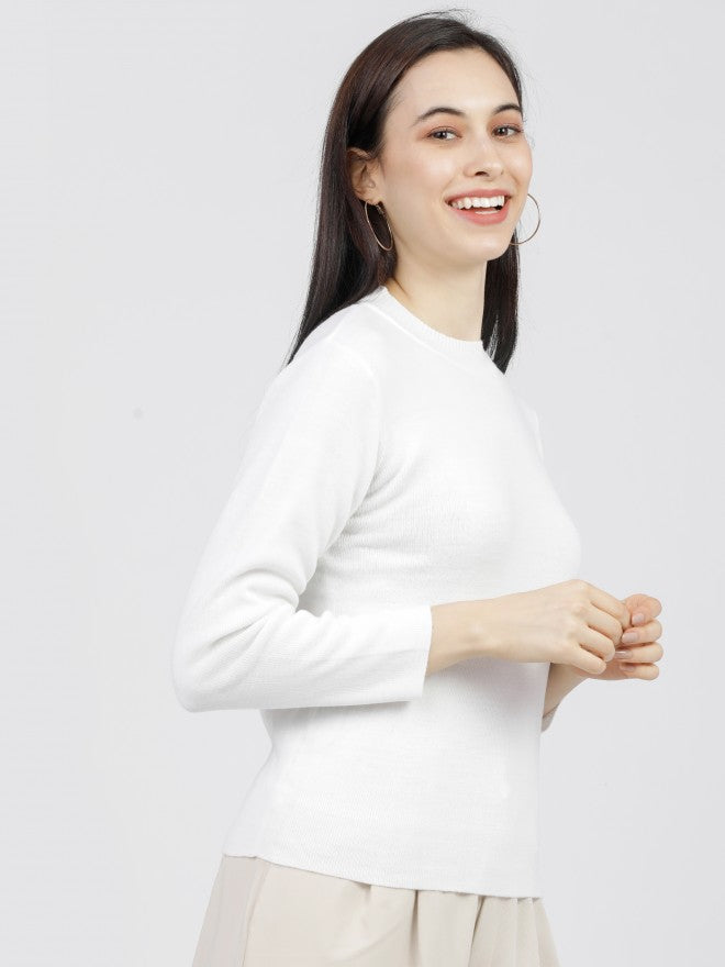 Tokyo Talkies Womens Off White Round Neck Solid Sweater - Off White - Image 6