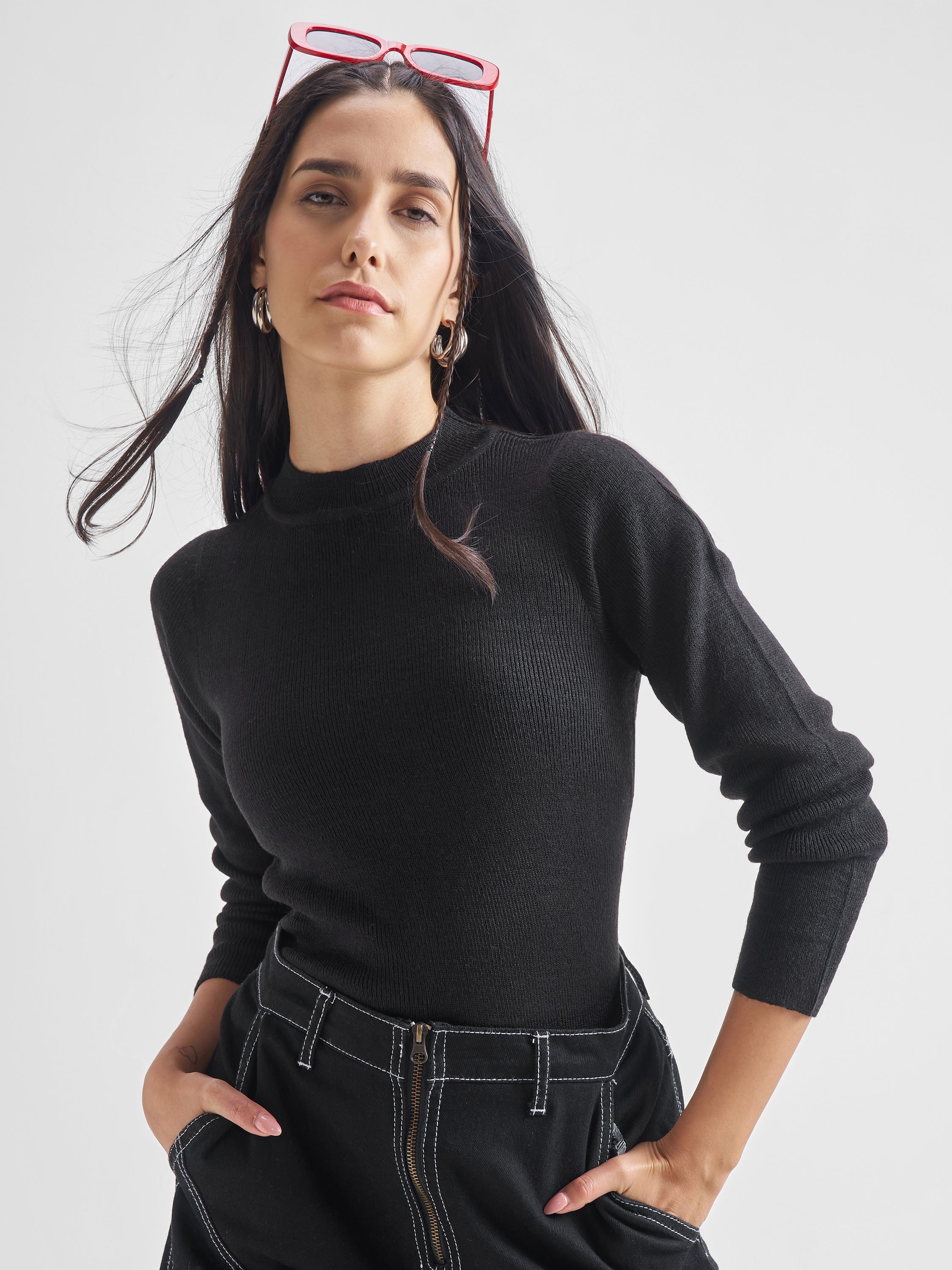 Black Casual Solid Slim Fit Sweaters - Black - Image 1