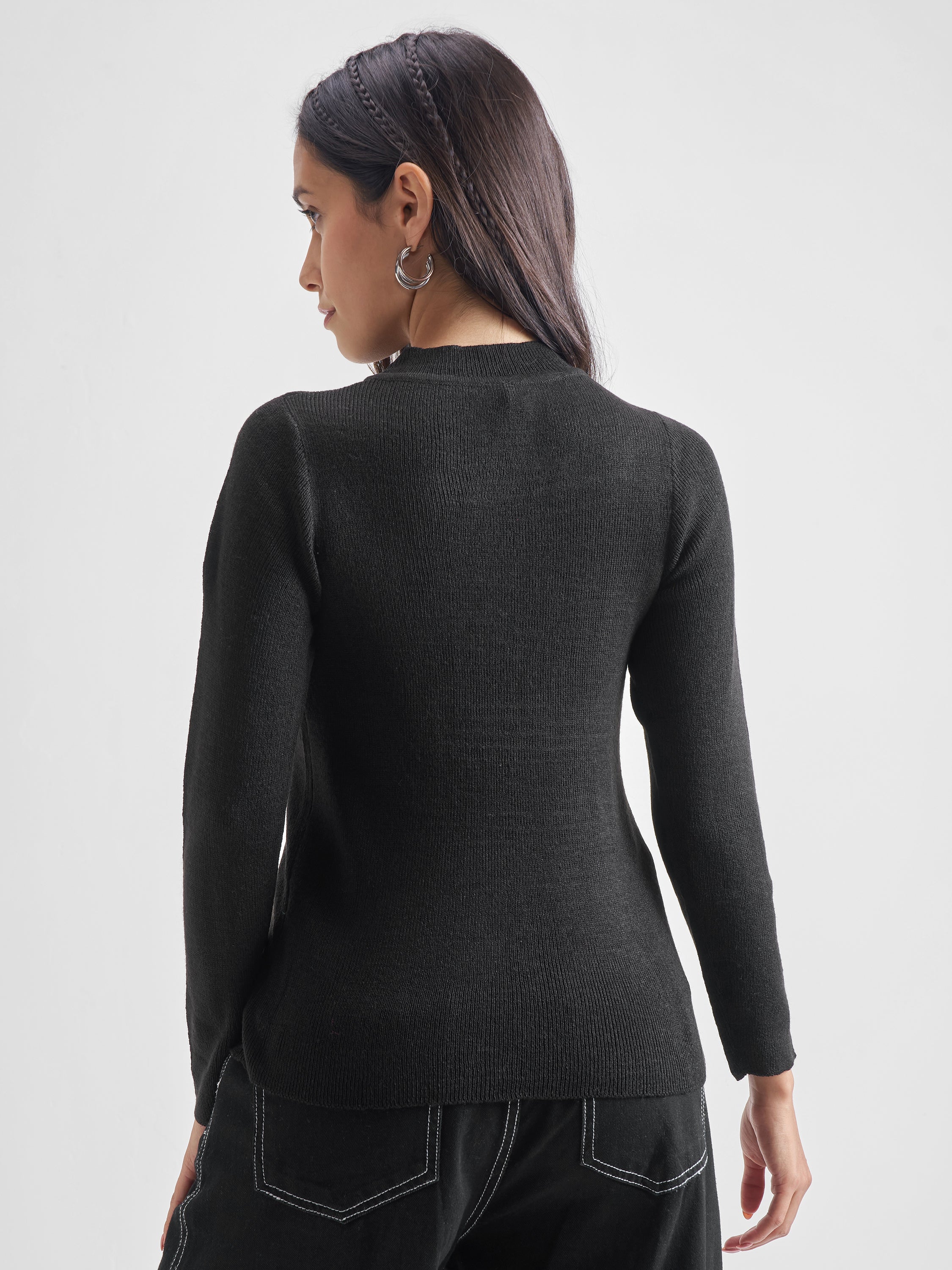 Black Casual Solid Slim Fit Sweaters - Black - Image 3