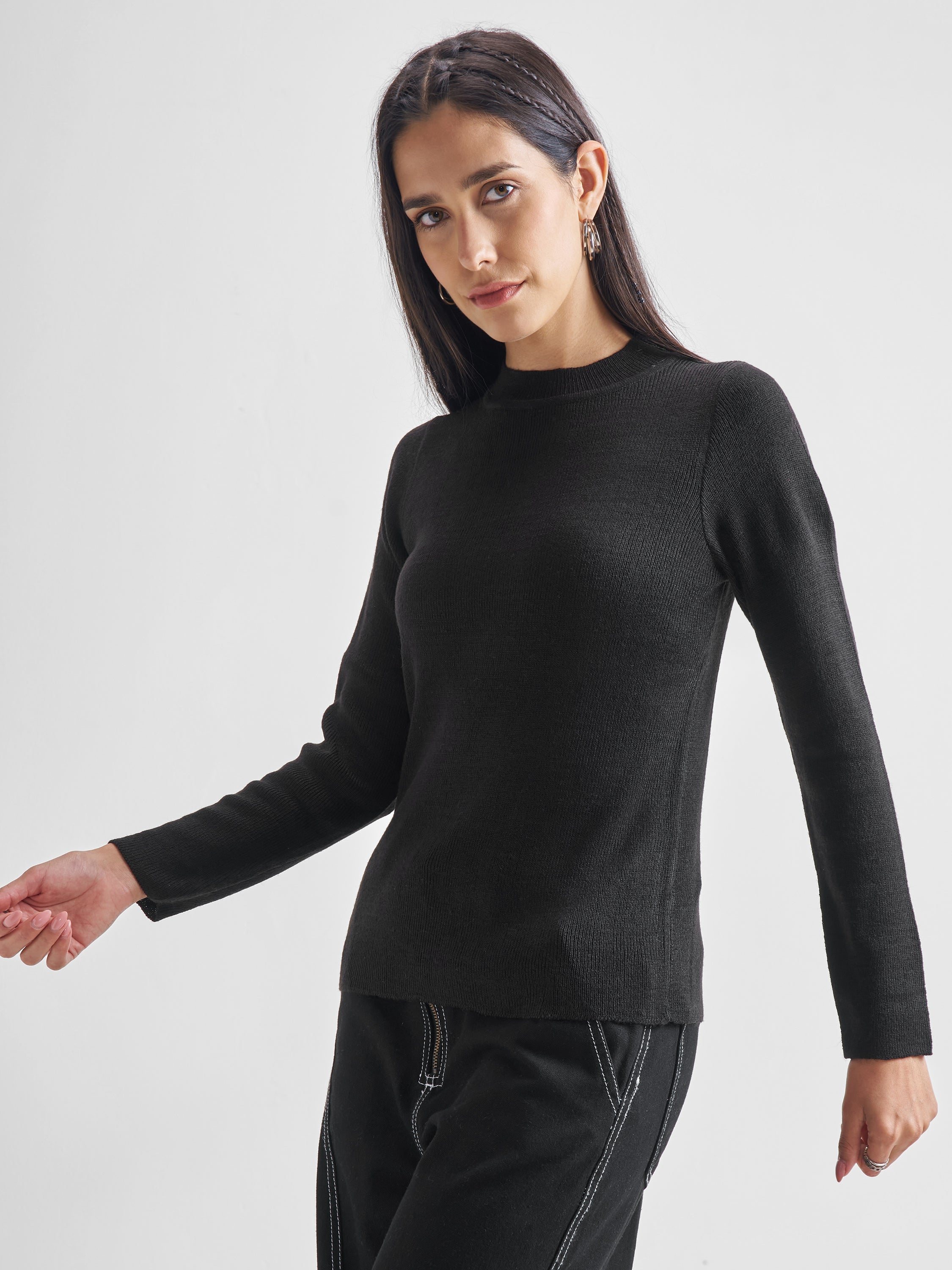Black Casual Solid Slim Fit Sweaters - Black - Image 4