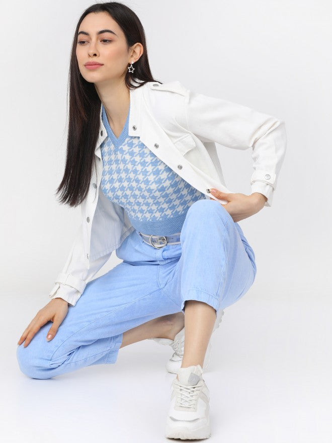 Tokyo Talkies Womens Blue/White V Neck Sweater - Blue - Image 5